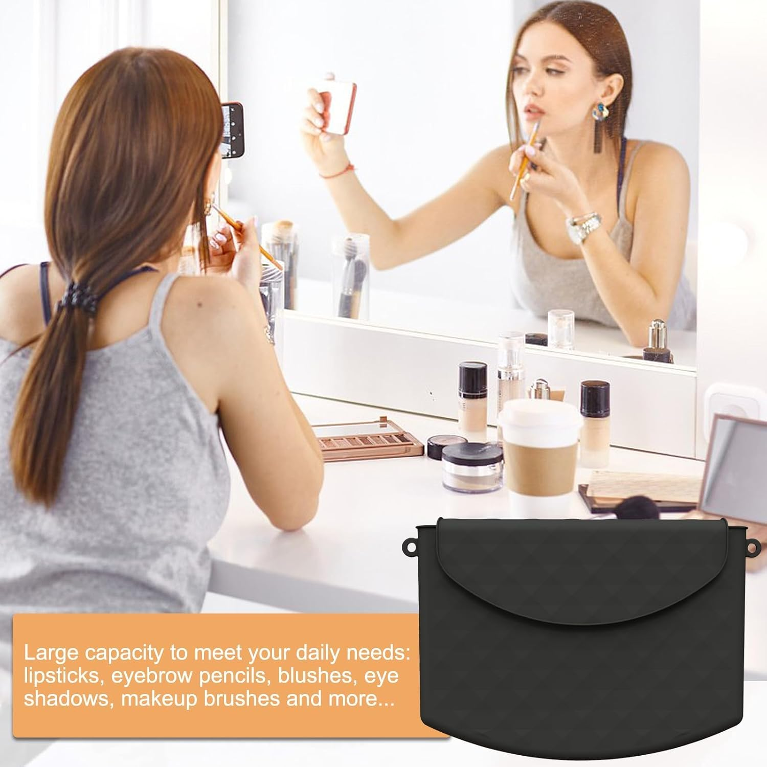 HTRTRR Silicone Cosmetic Bag, Silicone Cosmetic Bag for Women, Magnetic Closure Portable Cosmetic Bag, Holds Beauty Tools, Brushes, Toiletries, Iron, Fashion, Black, Pure Colour image number 2