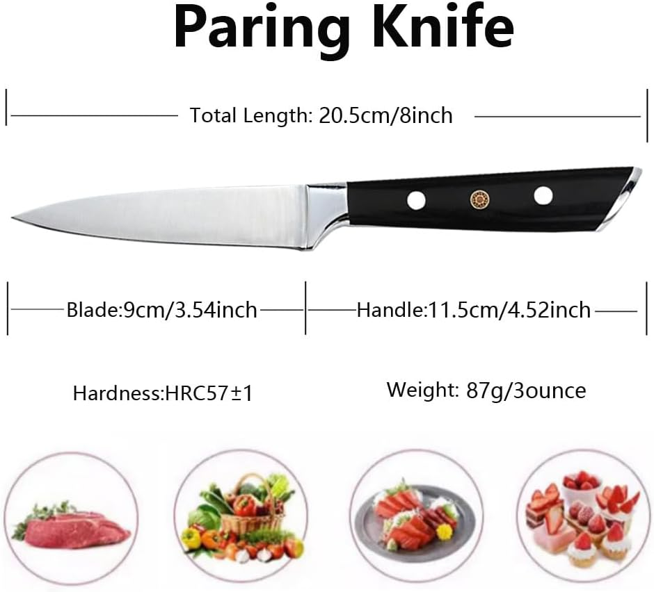 Paring Knife 3.5 Inch Small Kitchen Knife Manual Sharpened 5Cr15Mov Stainless Steel Fruit Knife Full Tang with 3 Rivets in Ergonomic Pakkawood Handle image number 2