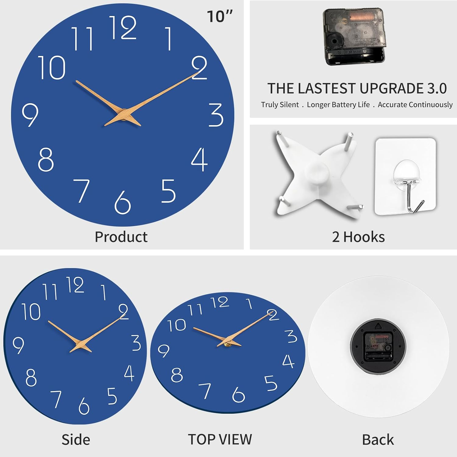 MOSEWA Wall Clock - Silent Non-Ticking 10 Inch Wall Clocks Battery Operated - Modern Style Wooden Clock Decor Decorative for Kitchen,Home,Bedrooms,Office(Blue) image number 1