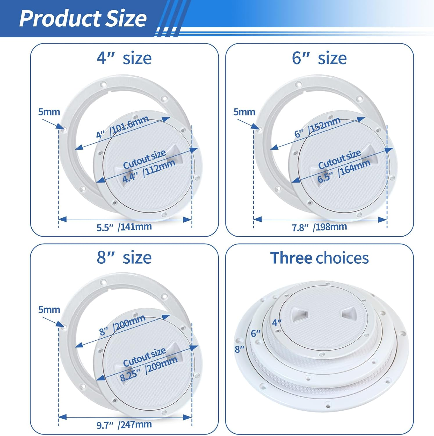 'Boat Hatch, 4'' 6'' 8'' White round Non Slip Inspection Hatch W/Detachable Cover for Marine Boat Yacht (8 Inch)' image number 1