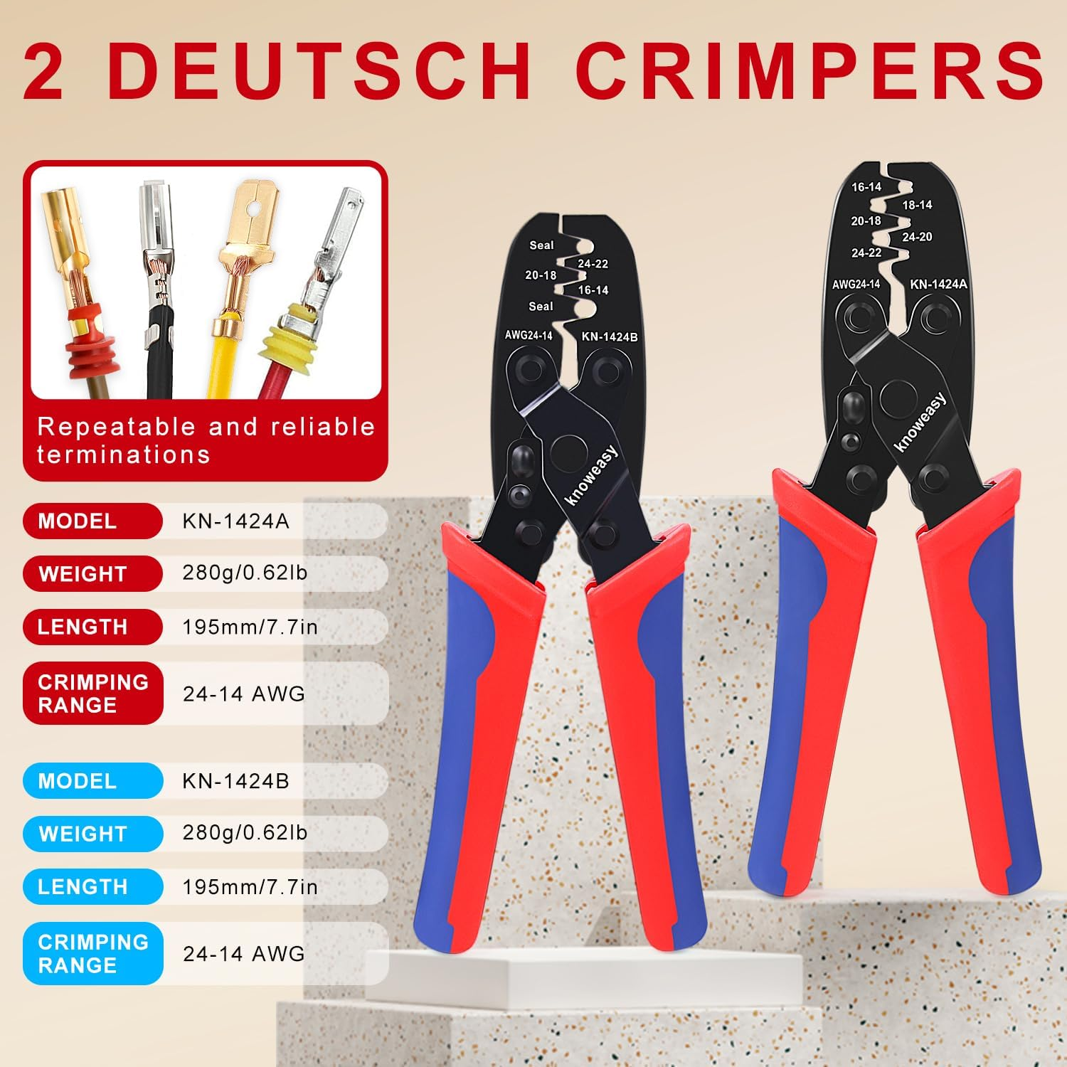 Knoweasy Deutsch Crimper Kits for Deutsch DT Connectors: Close Barrel and Open Barrel Crimper, Deutsch Removal Extraction Tool, Weather Pack Terminals - Includes 12PCS image number 6