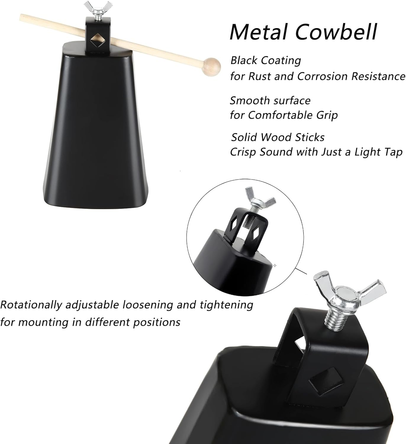 Acrux7 7 Inch Large Cow Bell Noise Makers, Metal Cowbell with Handle and Stick, Hand Percussion Music Cowbell for Sporting Events, Drum Set, Church, Weddings, Beautiful Clear Tapping Sound (Black) image number 6