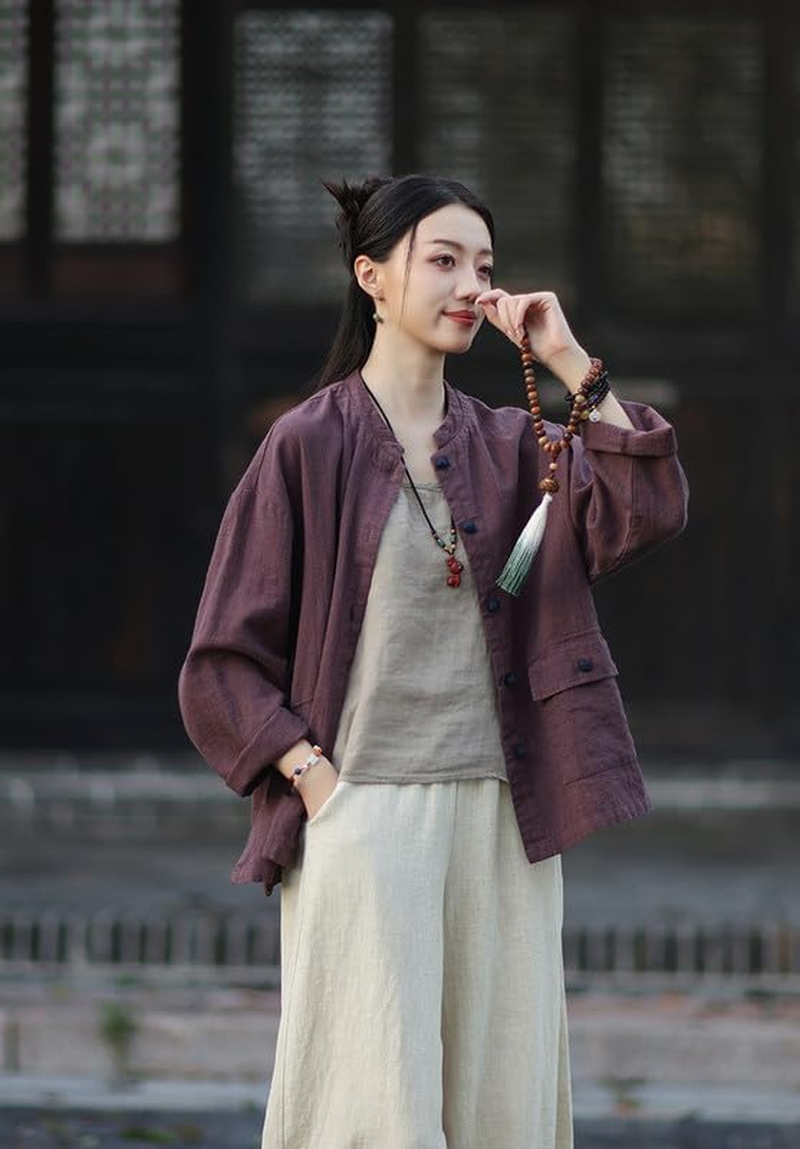 Women'S Vintage Linen Cotton Jacket Chinese Style Button-Down Cardigan Blouse Autumn - Yellow image number 3