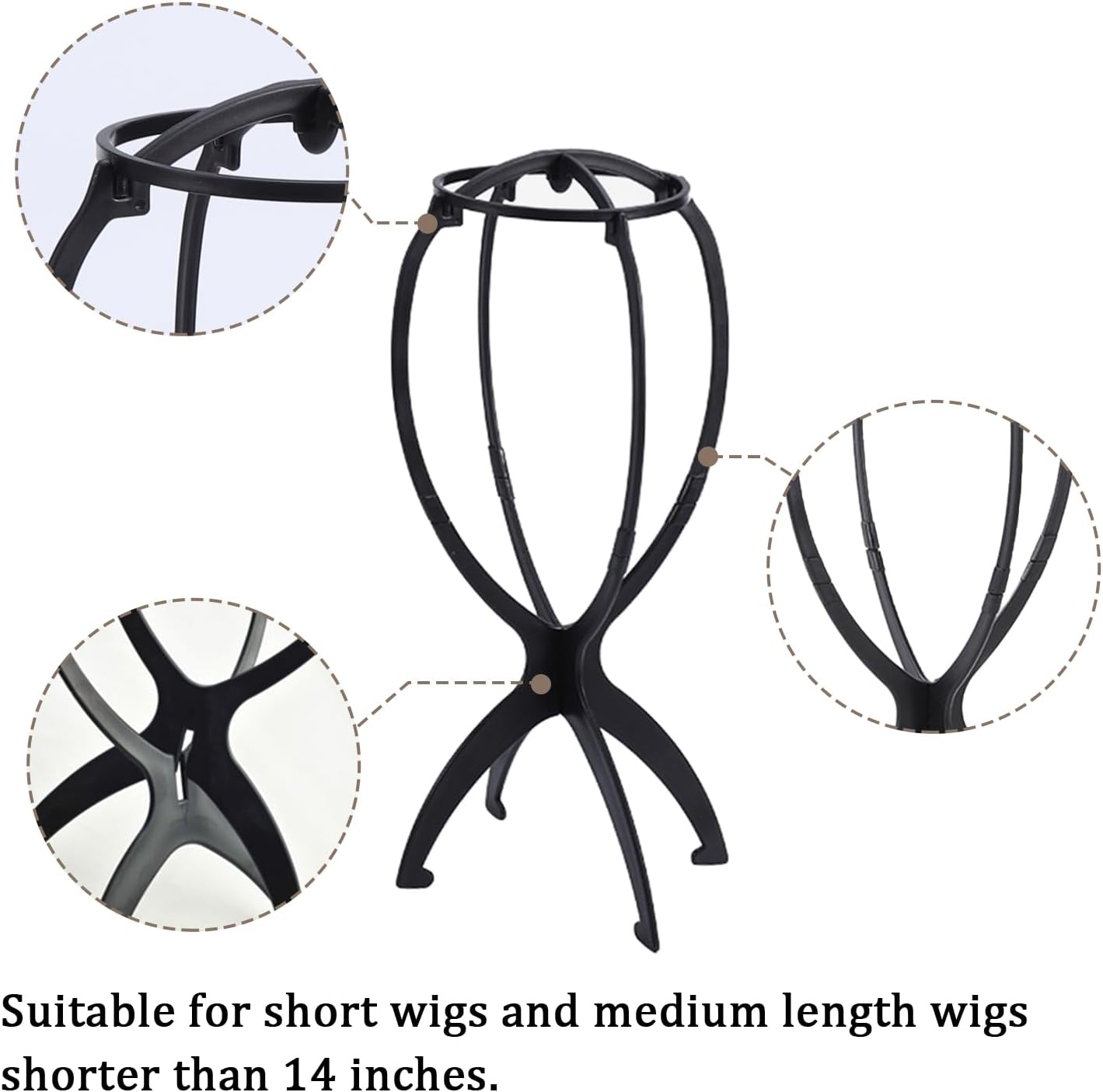 SYEYCW 2 Pcs Black Folding Wig Stands, 35Cm / 13.78Inch Wigs Display Holder for Hair, Collapsible Dryer Wig Holder Stand, Short Hair Extensions Stands, Plastic Portable Wigs Head Holders for Travel image number 4