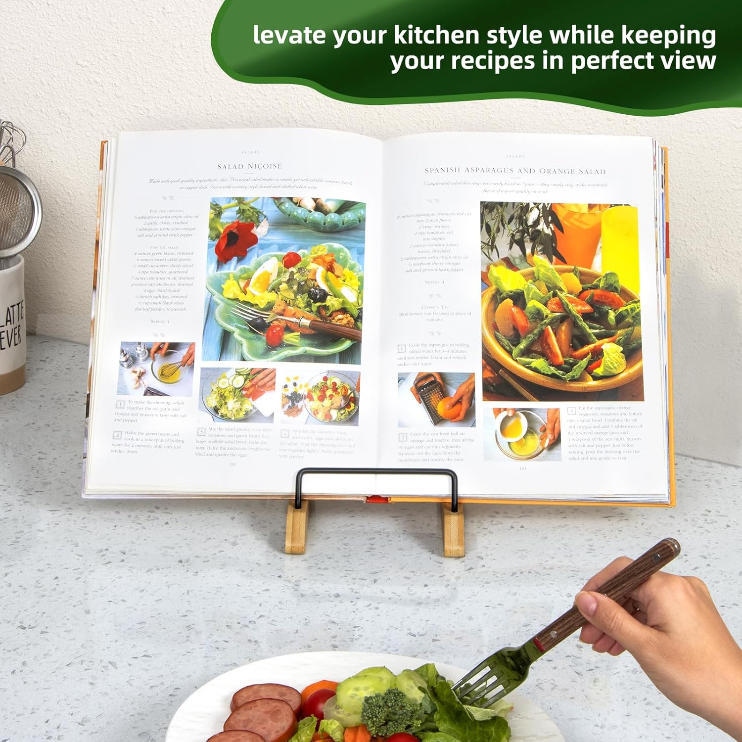 PUERSI Cookbook Stand for Kitchen Counter, Bamboo Cookbook Holder, Wooden Cook Book Stand for Kitchen, Recipe Book Holder - New Patented Design image number 2