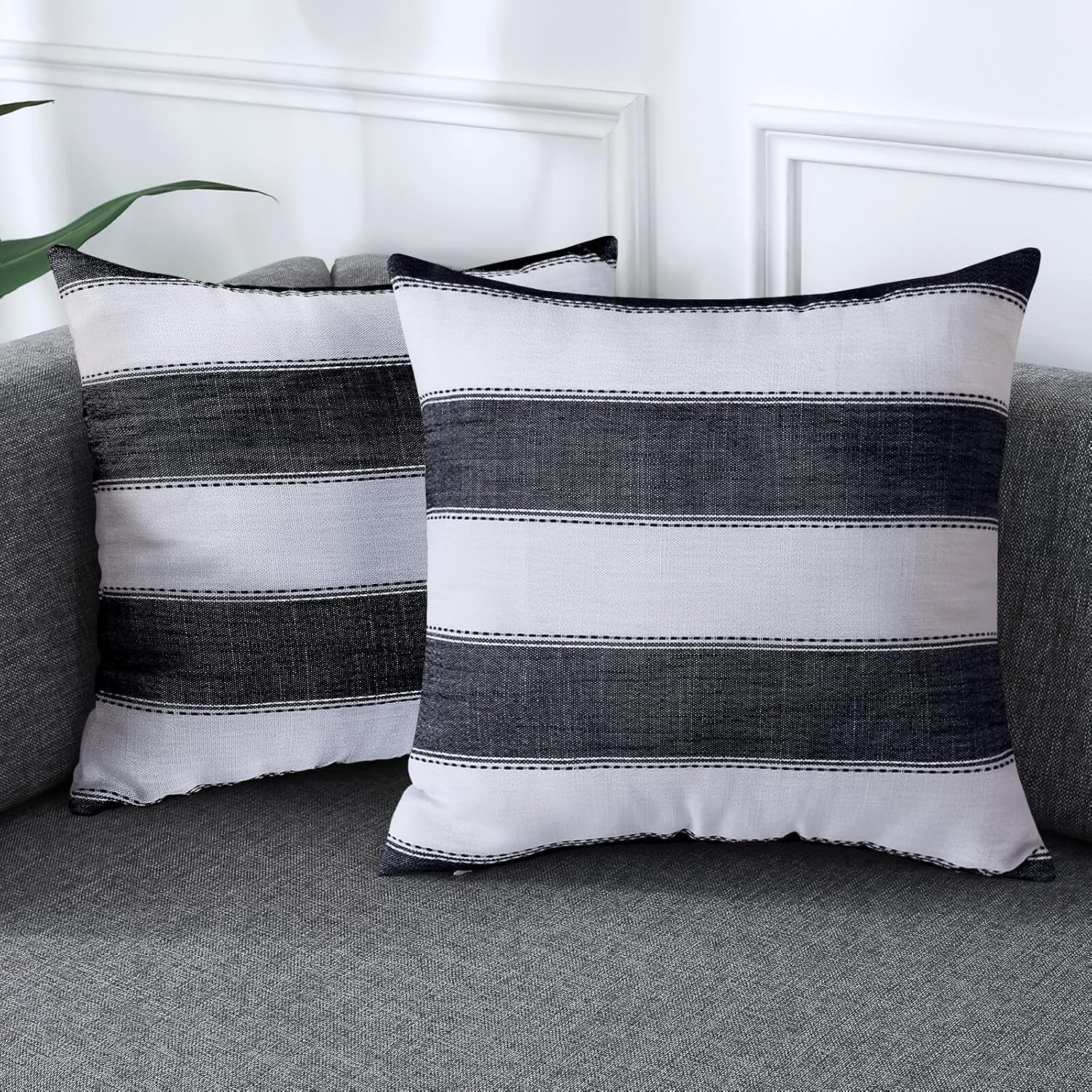 Amhoo Pack of 2 Farmhouse Stripe Check Throw Pillow Covers Set Case Cotton Linen Decorative Pillowcases Cushion Cover for Couch Bench Sofa 18X18Inch Light Grey Beige