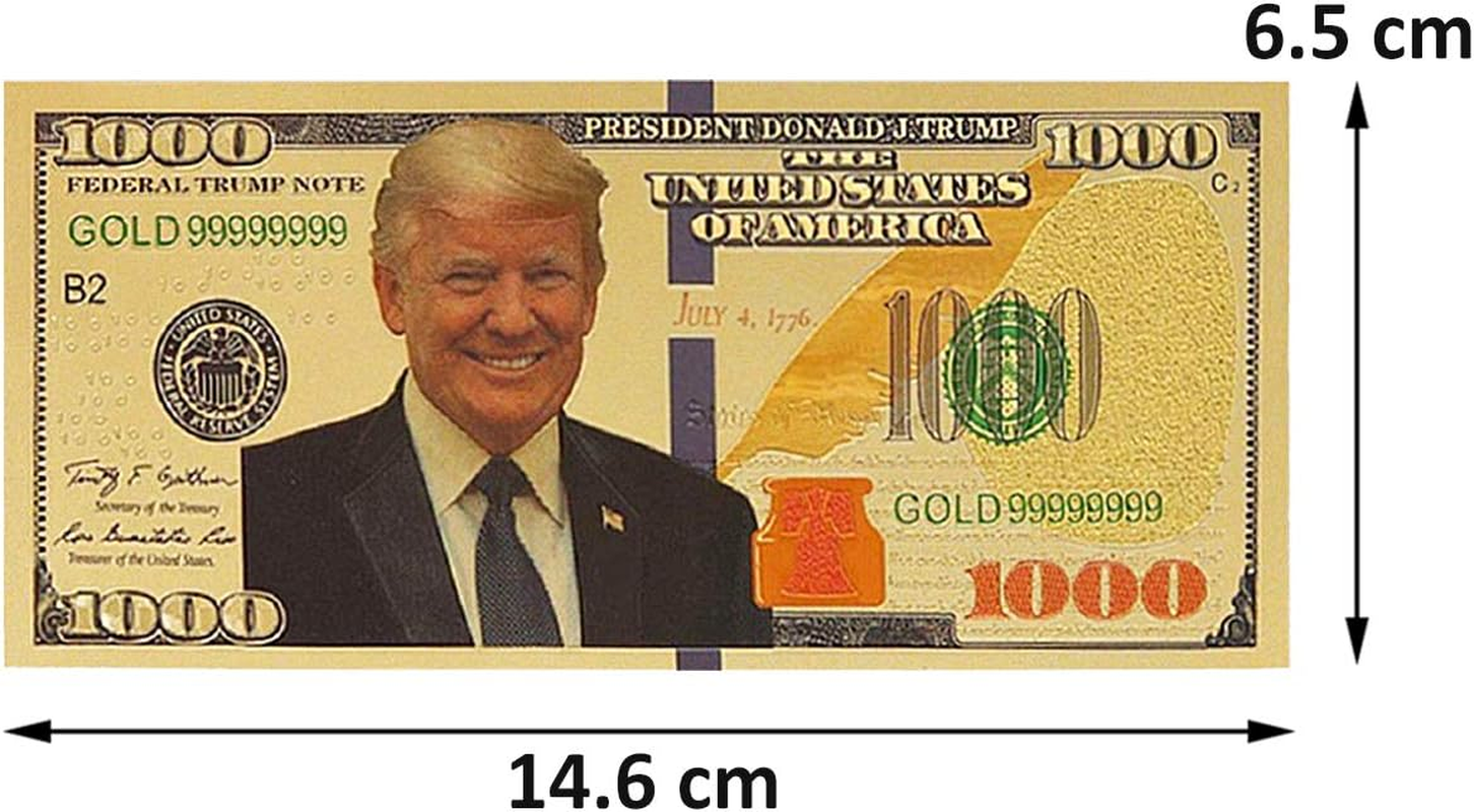 Partyyeah Donald Trump 1000 Dollar Bill Banknote, One Thousand 24K Gold Coated Donald Trump Legacy Limited Edition Million Dollar Bill Great Coin Currency Collectors and Republican (50 Pack) image number 2