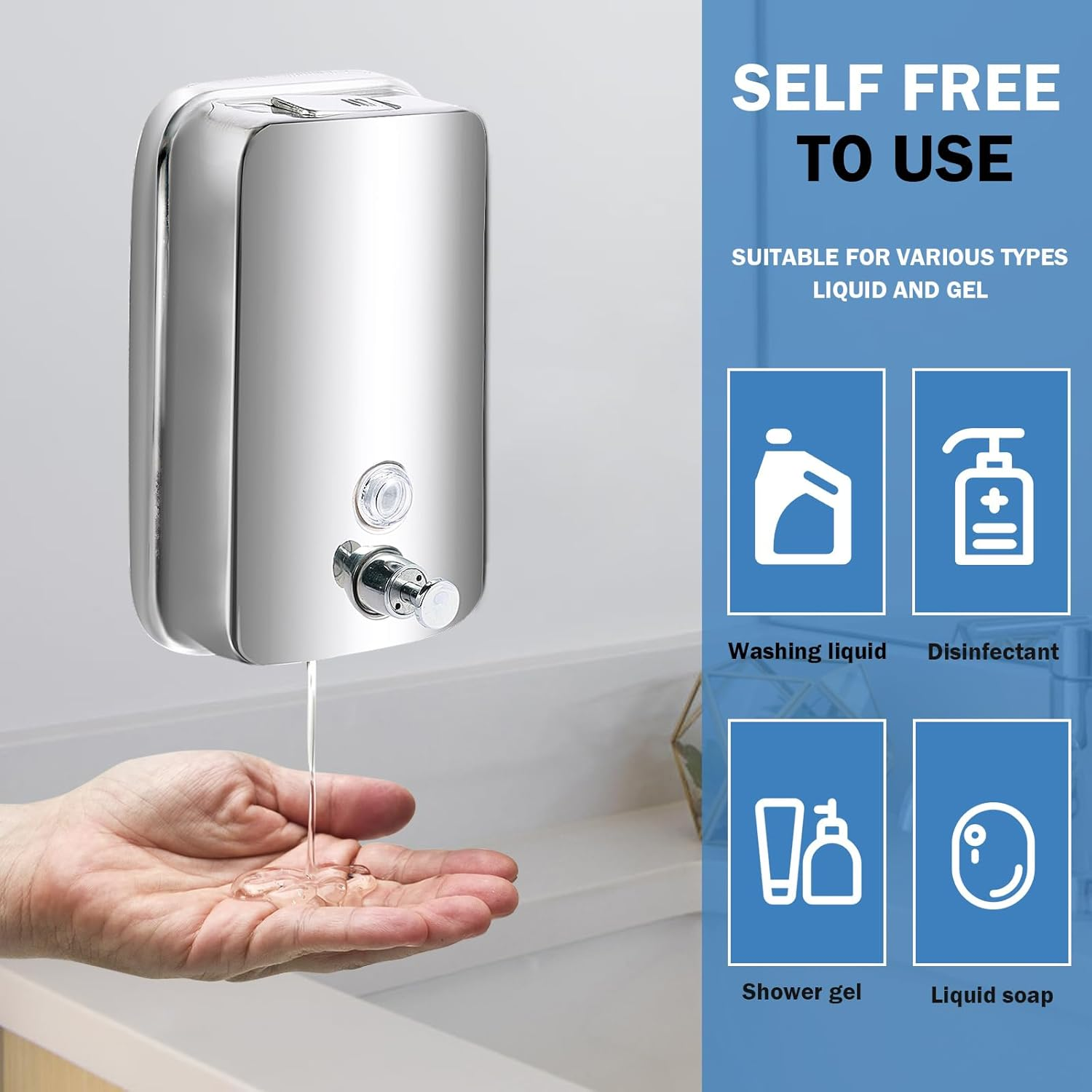 4Pcs Commercial Soap Dispenser Stainless Steel 1000Ml Wall Mount Manual Liquid Pump Rust Proof Leak Proof for Bathroom image number 5