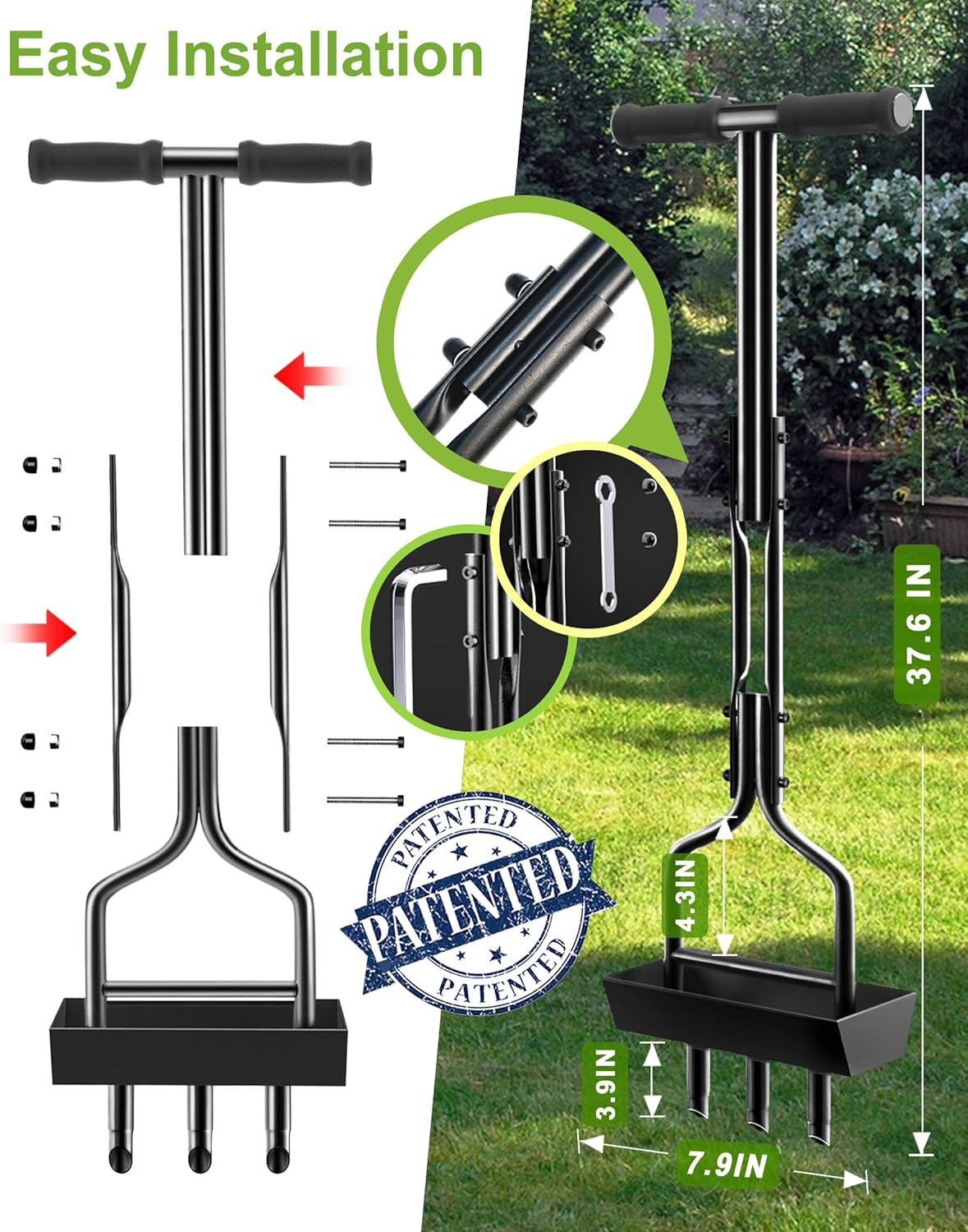 Vanpein Lawn Aerator Coring Garden Tool with Soil Core Storage Tray, Manual Yard Plug Aerators & Clean Tool, Grass Aeration Gardening Tools with 3 Tines for Lawn Care, Compacted Soil, 37.6&rdquo;