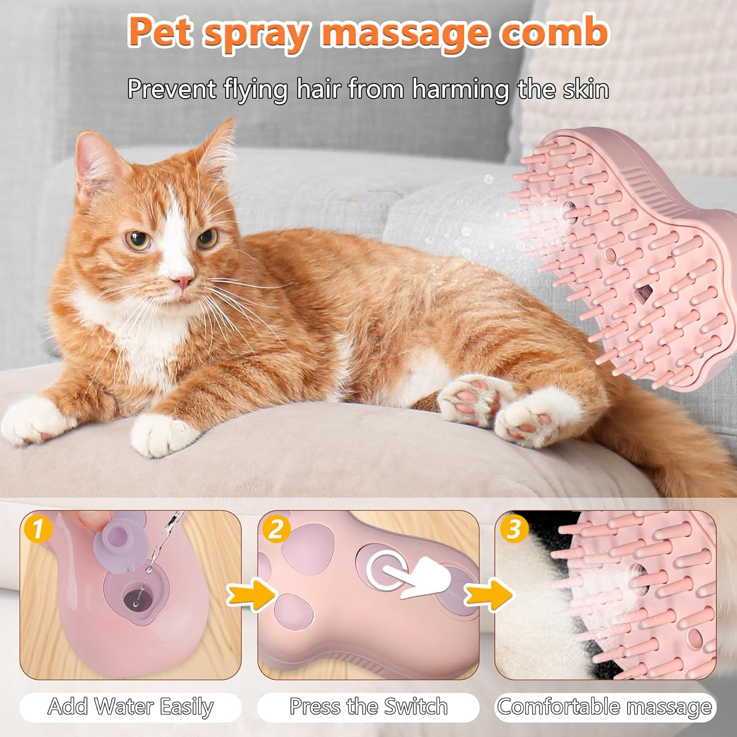 Oiuyamn 4-In-1 Cat Hair Removal Steam Brush, Silicone Cat Steam Brush with UV Light Steam Cat Brush for Massage/Grooming Pet Hair - Blue image number 6