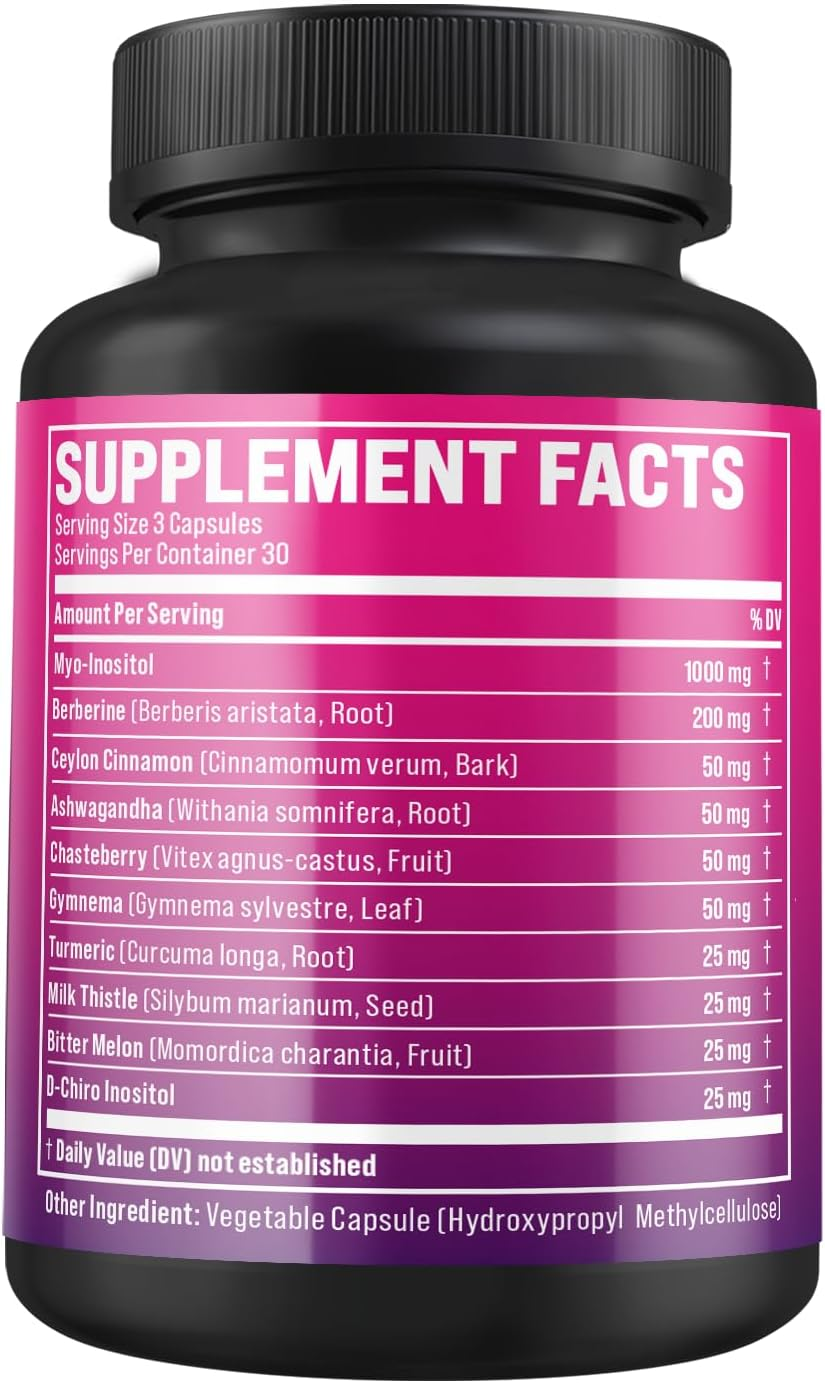 Inositol Supplement - Myo-Inositol and D-Chiro Inositol Ideal 40:1 Ratio - plus Berberine, Cinnamon, Ashwagandha + 5 More - Healthy Hormone Balance & Healthy Ovarian Support for Women - 90 Capsules image number 3