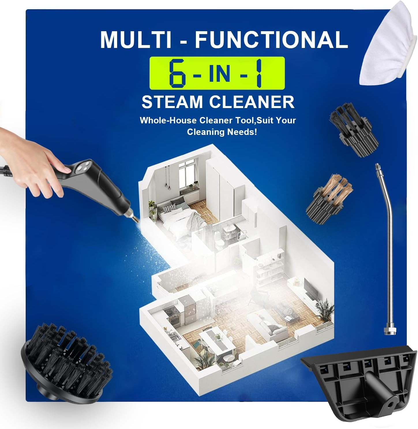 Handheld Steam Cleaner, Multi-Surface Pressurized Steam Cleaner with 6Pcs Accessories, Chemical Free Multi-Purpose Steam Cleaners, Steamer for Cleaning Dirt, Grease, Grout, Tile, Floor (Black A) image number 1