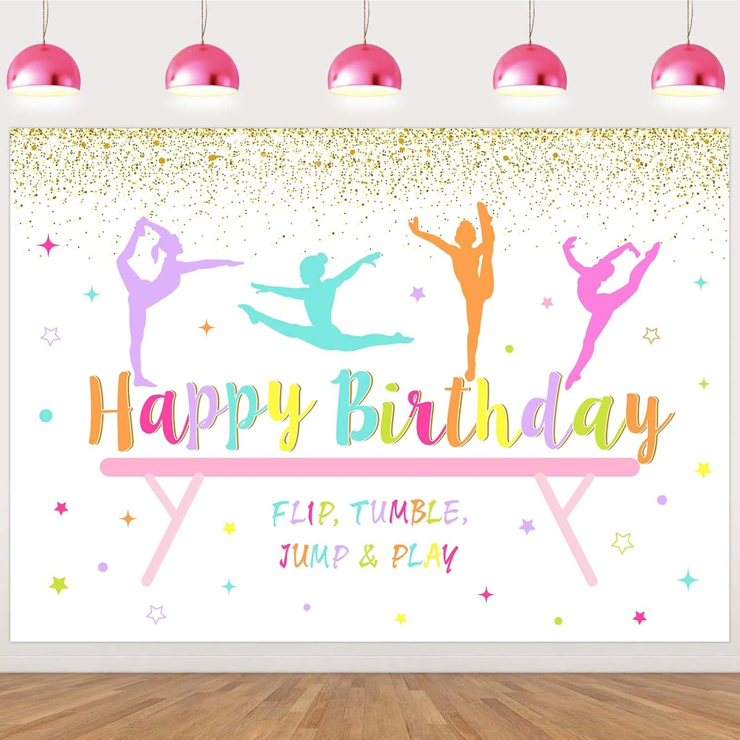 Wonmelody Gymnastics Birthday Party Decorations 7 * 5Ft Gymnastics Happy Birthday Backdrop for Girl Flip Tumble Jump and Play Backdrop Decorations for Rainbow Gym Theme 1St 2Nd 8Th Birthday Party image number 1