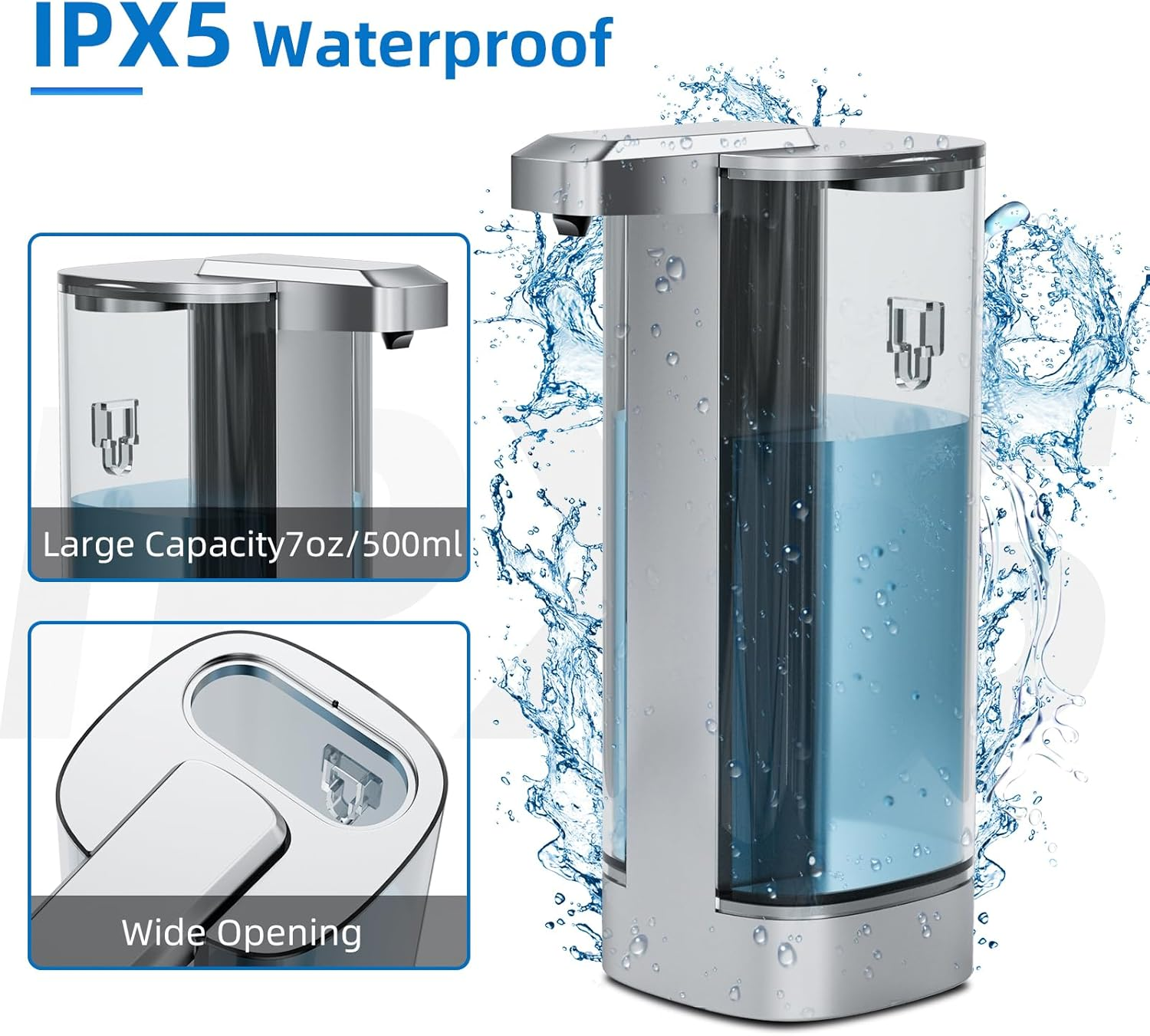 Automatic Liquid Soap Dispenser 17Oz/500Ml Touchless Dish Soap Dispenser IPX5 Waterproof 4 Adjustable Dispensing Levels,Usb Liquid Hand Soap Dispenser Electric for Kitchen Bathroom Hotel (Silver) image number 5