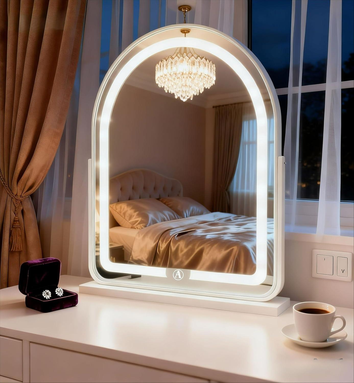 GDJIAYIYI Arched LED Vanity Mirror,Makeup Mirror with Lights,Tabletop Makeup Mirror,Touch Switch Adjustable Brightness, 360&deg; Rotation, 3-Color Light Countertop Vanity Mirror (White,44 * 32Cm) image number 2