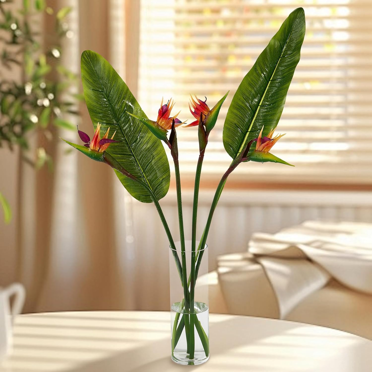Artificial Bird of Paradise Flowers Real Touch 24'In Long Stem Flower 4 Pcs, with Bird of Paradise Leaves 28'In Long Stem Greenery Plants 2 Pcs,For Home Garden Wedding Party Decor (Orange 6 Stems) image number 4