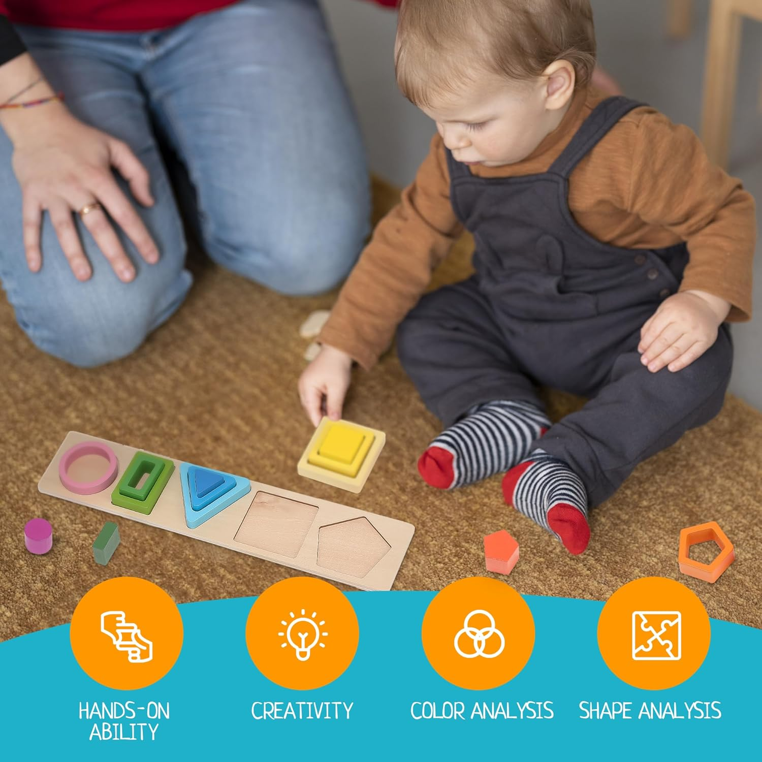 Wooden Shape Sorting & Stacking Toys for Toddlers, Montessori Toys with 20 Pcs Blocks of 5 Different Shapes and Colors to Fine Motor Skills image number 4