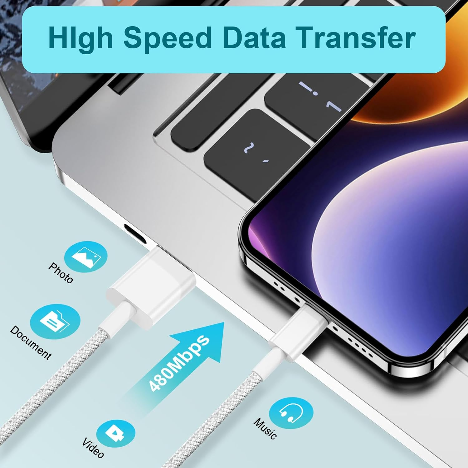 USB to USB C Cable Nylon Braided White 2Pack 2M image number 3