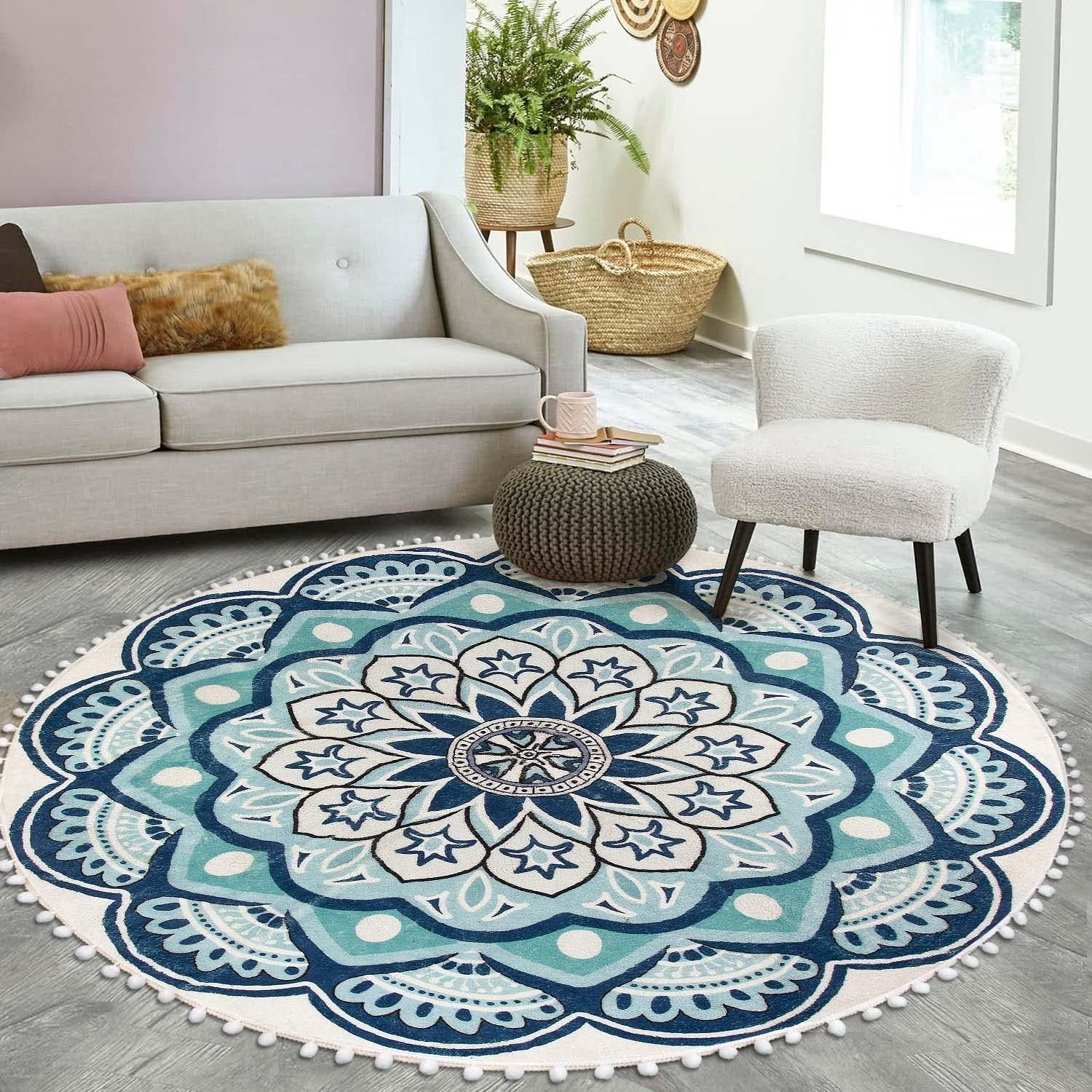 Uphome round Rug 5.3Ft Blue Circle Boho Rug with Pom Pom Fringe Machine Washable Non-Slip Sofa Floor Mat Soft Cute Blooming Mandala Carpet for Living Room Bedroom Kid'S Room Nursery