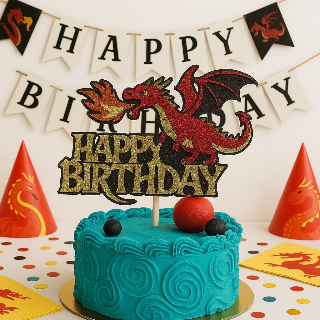 Confetti! Multilayer Glitter Dragon Cake Topper &ndash; Red, Gold & Black Fire-Breathing Decoration | Handmade 7"X5" Fantasy Party Pick for Kids Birthday & Baby Shower image number 6