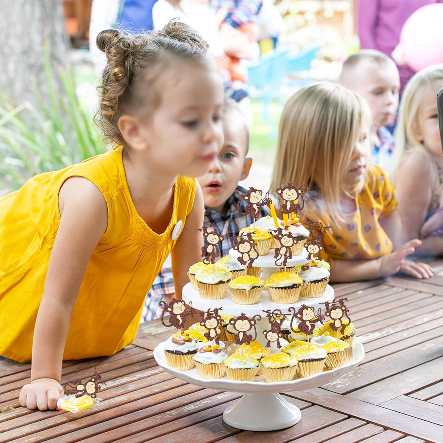 SYKYCTCY 30 Pack Monkey Cupcake Toppers Glitter Cut Monkey Animal Cupcake Picks for Forest Animals Zoo Theme Baby Shower Birthday Cupcake Decorations Party Supplies (Color-01) image number 1