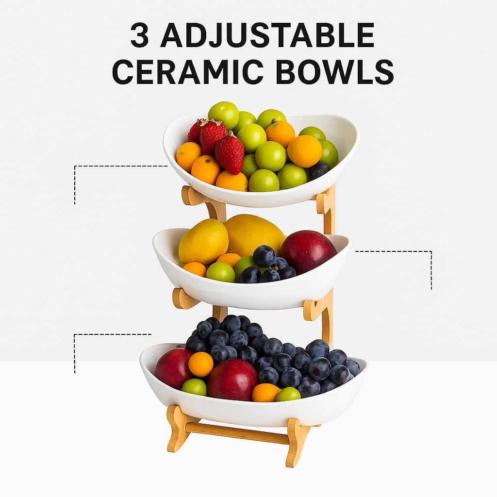 COZYVISTA - 3 Tier Fruit Bowl Stand &ndash; Bamboo Frame with White Ceramic Bowls for Countertop Storage & Display &ndash; Tiered Fruit Holder for Kitchen, Dining, or Pantry &ndash; Space-Saving & Modern Design image number 5