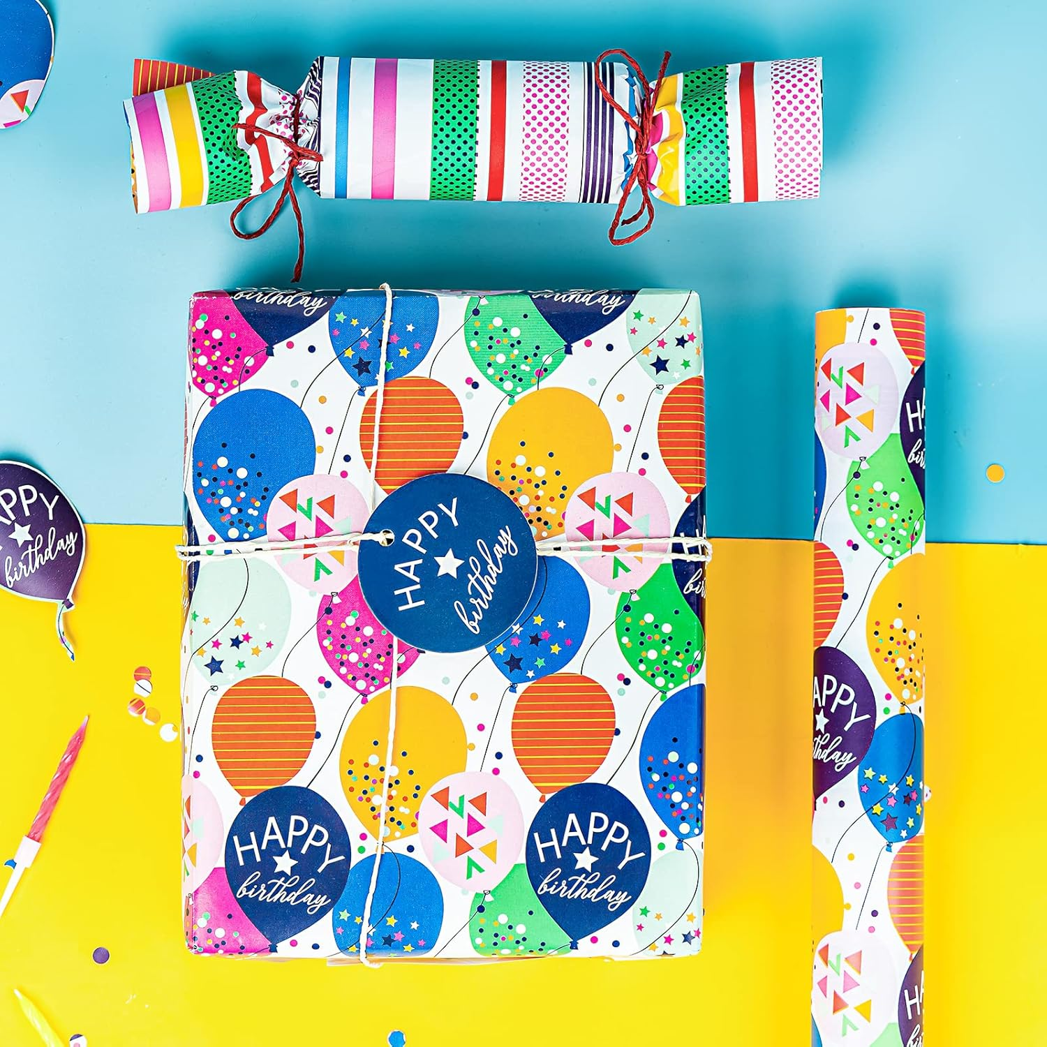 WRAPAHOLIC Birthday Reversible Wrapping Paper - Mini Roll - 17 Inch X 33 Feet - Colorful Balloon with Confetti Design for Birthday, Holiday, Party, Baby Shower