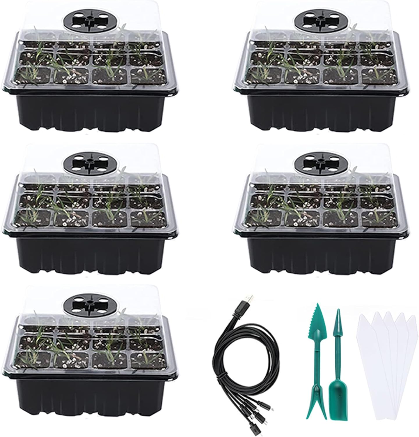 5 Pack Seed Starter Tray with Grow Light Humidity Domes, 60 Cell Trays Germination Station Cloning Kit (Green)