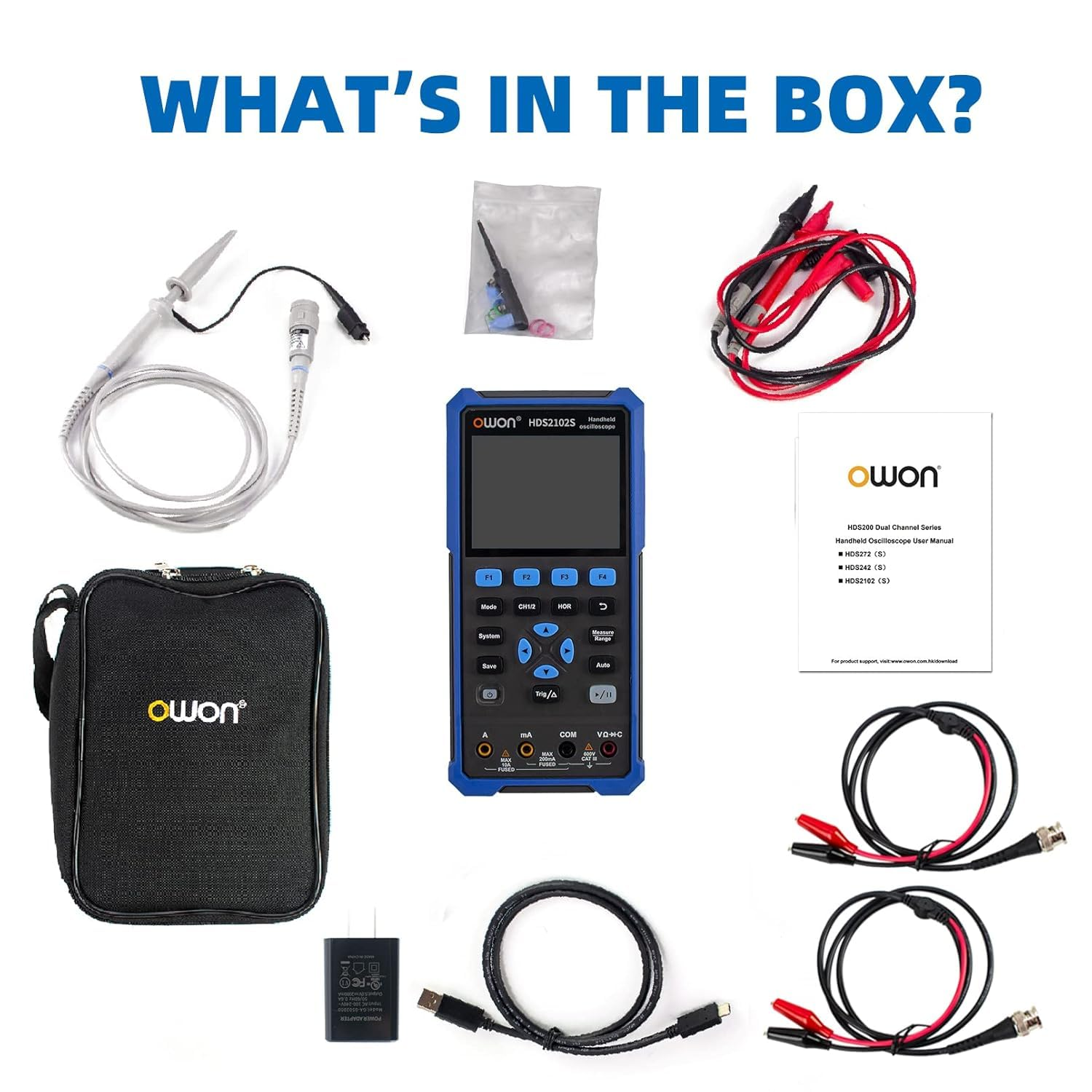 OWON Oscilloscope Hds2102S 3 in 1 Digital Handheld Oscilloscope Multiumeter,2-Ch 100 Mhz Bandwidth USB Type-C Interface, 20000 Counts Digital Multimeter with 3.5 Inch LCD Display