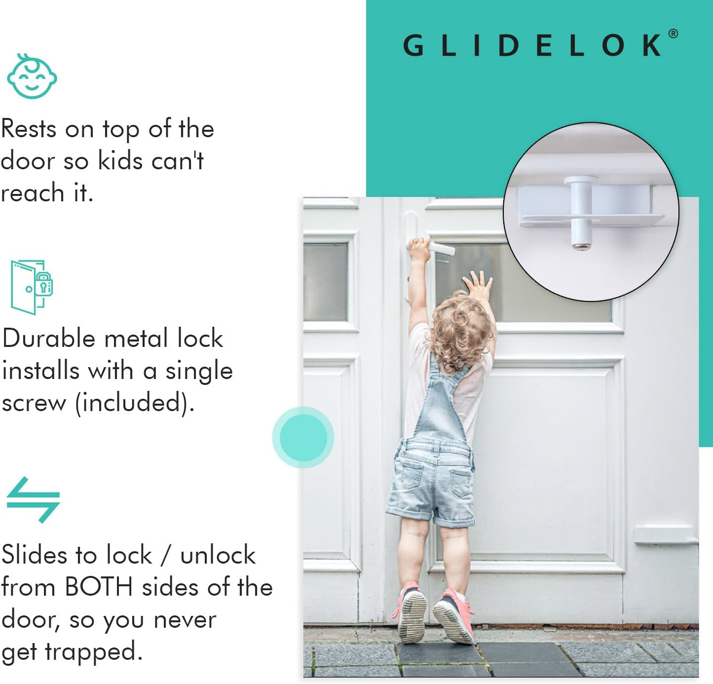 2 Pack &ndash; Glidelok Child Safety Door Top Lock | for Interior & Exterior Doors | Lock & Unlock from Both Sides | Stop Kids, Pets, Dogs & Cats from Opening Doors image number 6