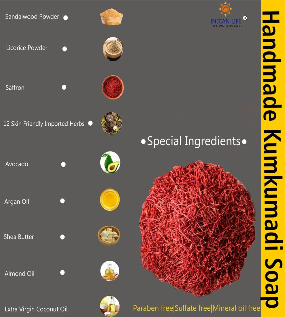 Indianlife&reg; Handmade Bathing Glowing Soap Bar -Tan Removal -Sun Protection - anti Pollution-Skin Lightening Pack of 4 Kumkumadi | Charcoal | Coffee | Orange Peel | 100 Gm Each image number 1