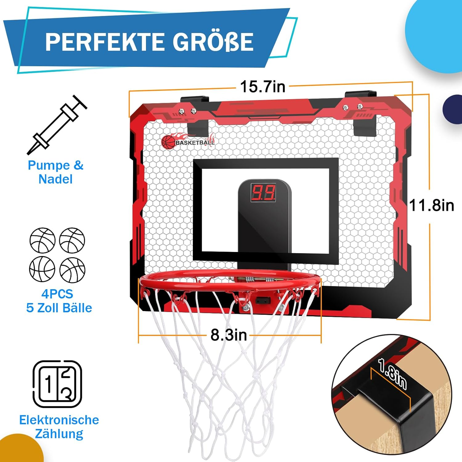 Mini Basketballkorb Basketball Reifen F&uuml;r Kinder Erwachsene, &Uuml;ber T&uuml;r Basketball Reifen Mit 3 Gummib&auml;llen, Sport Party Gunsten F&uuml;r Home Office T&uuml;rwand, Geschenk F&uuml;r Jungen M&auml;dchen image number 5