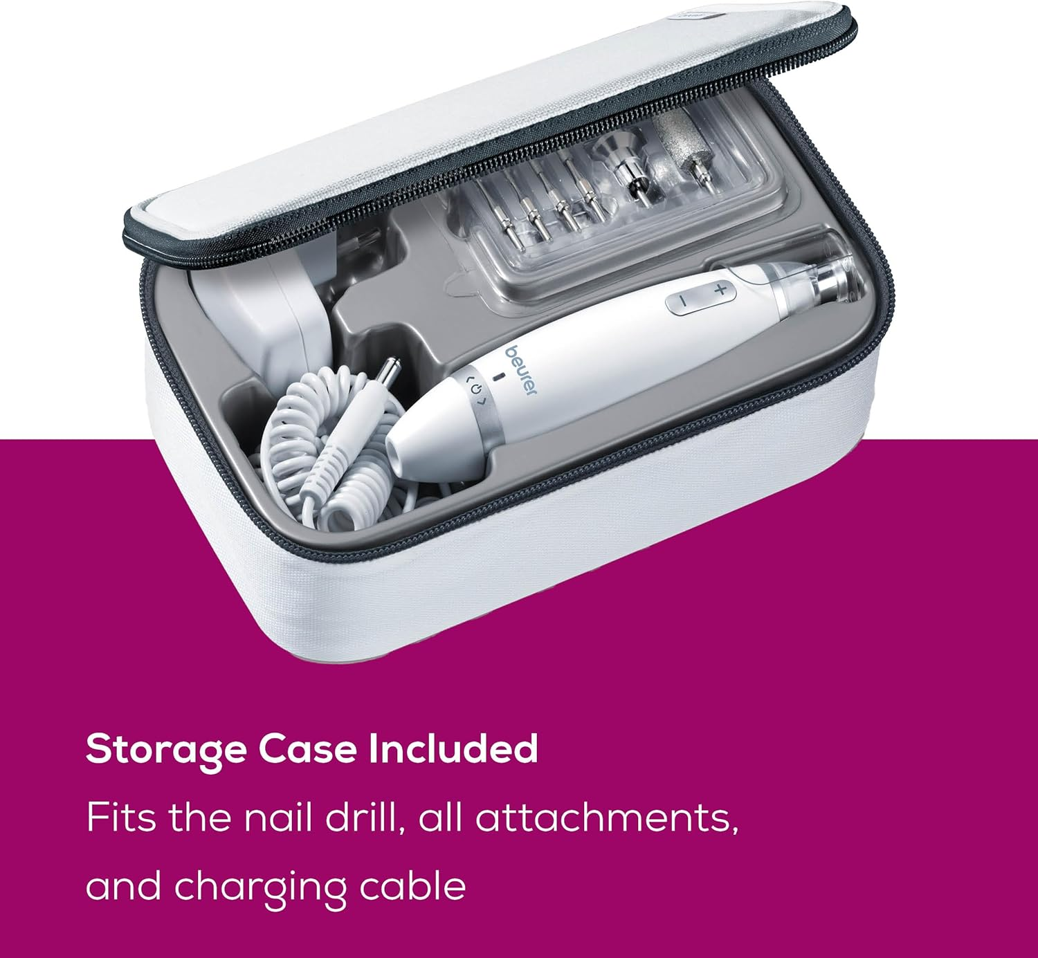 Beurer MP62 Professional Nail Drill Kit, Portable Electric File Machine with 10 Attachments & 10 Sanding Bands, Efile Dremel for Acrylic Gel Manicure and Pedicure, LED Light, with Storage Case, MP62 image number 2