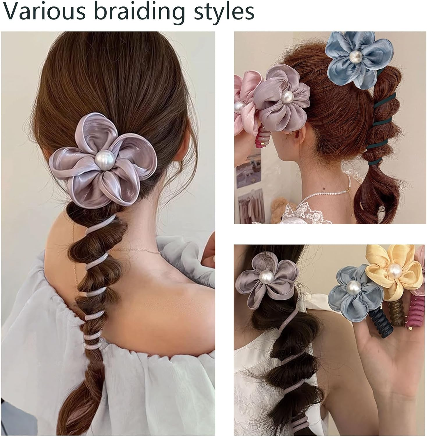 Colorful Phone Wire Hair Bands Flower Beads Spiral Hair Ties Ponytail Holder No Damage Phone Cord Hair Ties Bobbins for Women and Girls Thin Thick Accessories 5 Pack image number 1