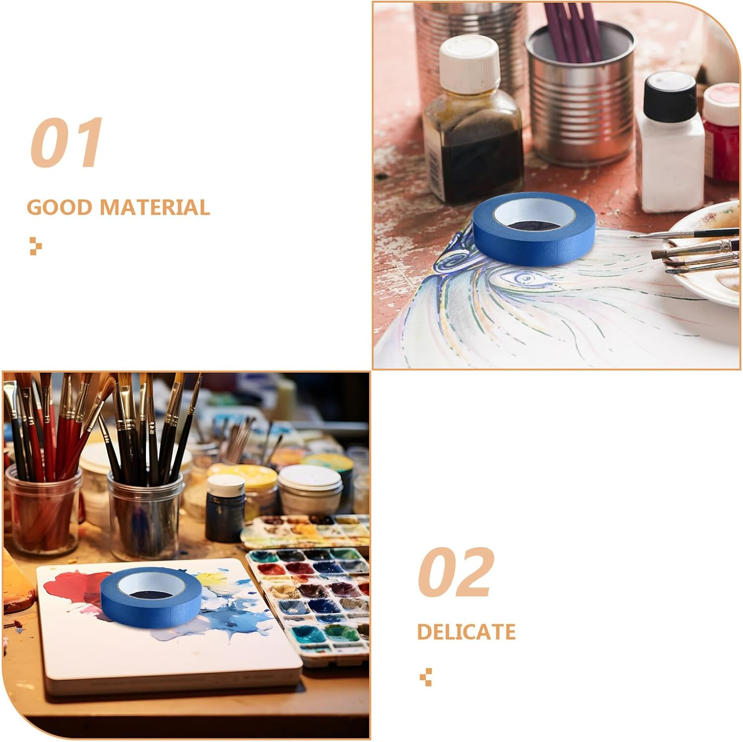 ULTECHNOVO Painting Tapes 5 Rolls of Low Tack Masking Tape Blue for Wall Decorative Automotive and Artist Painting Projects