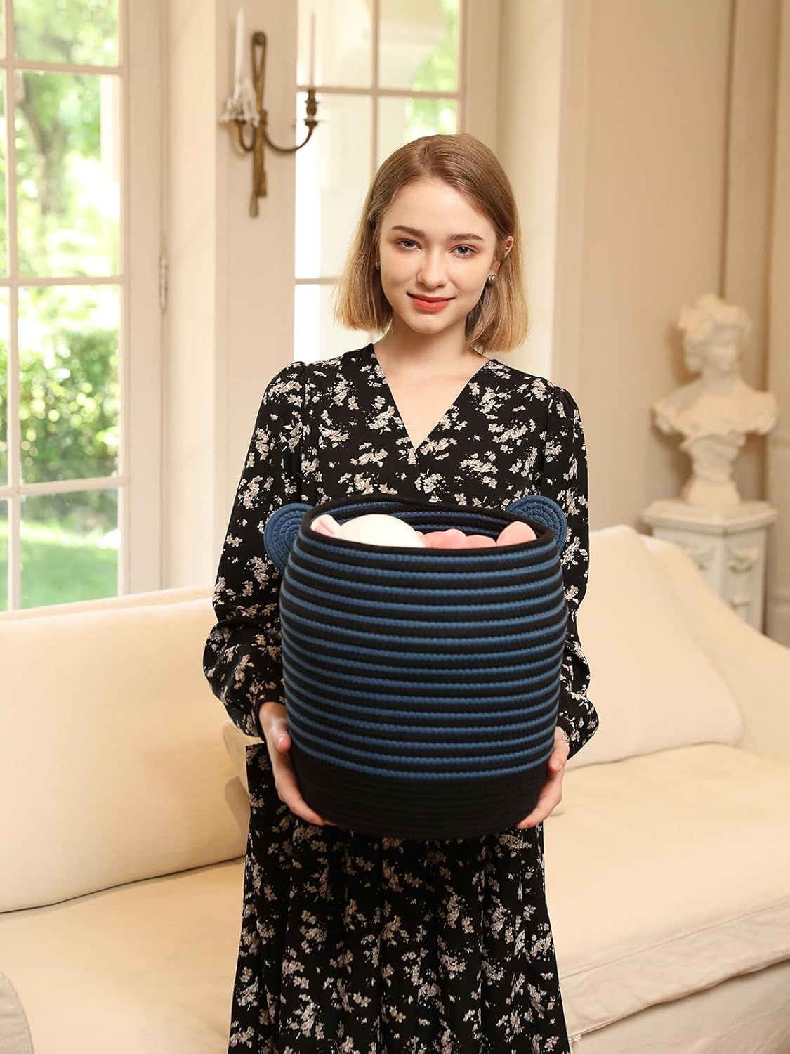 Cottonphant Handcrafted Animal Inspired Basket with Lid | Cotton Storage Solution for Organization in Bedroom | Perfect Organizer for a Shower or Retreat (Dark Blue Bee, 12"X18") image number 7