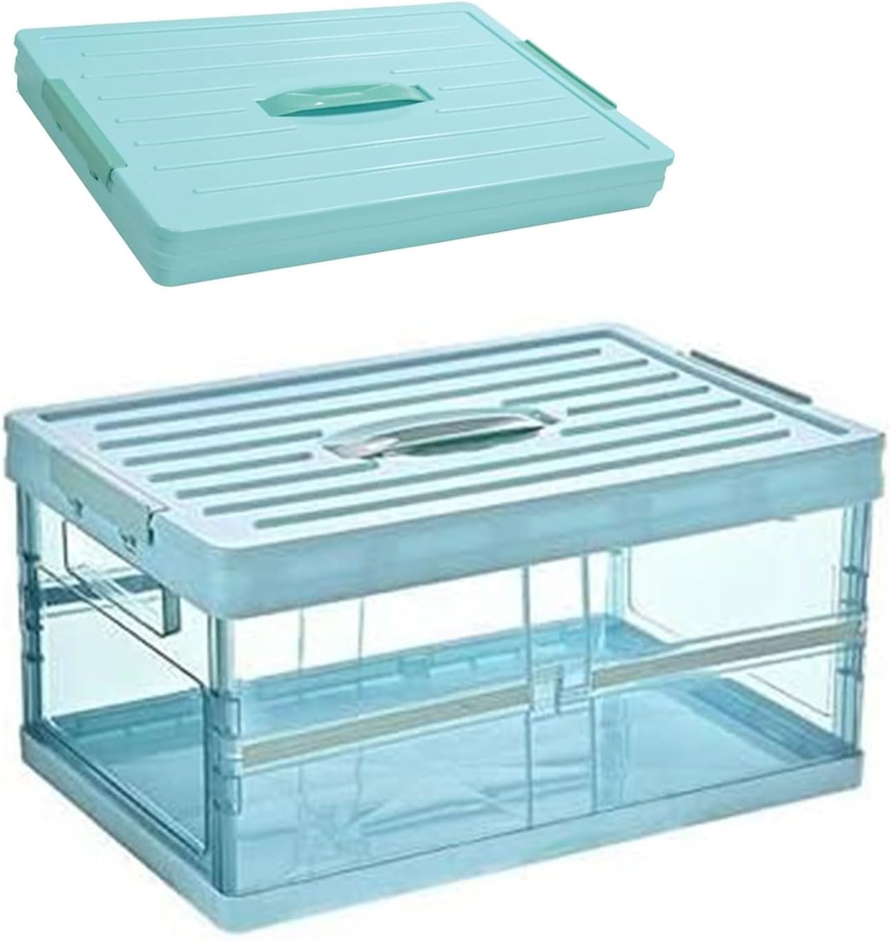 Clear Foldable Storage Bins with Lids Plastic Collapsible Box, Stackable Clear Latch Storage Box with Handle, Folding Plastic Containers, Folding Latching Crate for Closet Home Kitchen Car Trunk, Blue image number 6