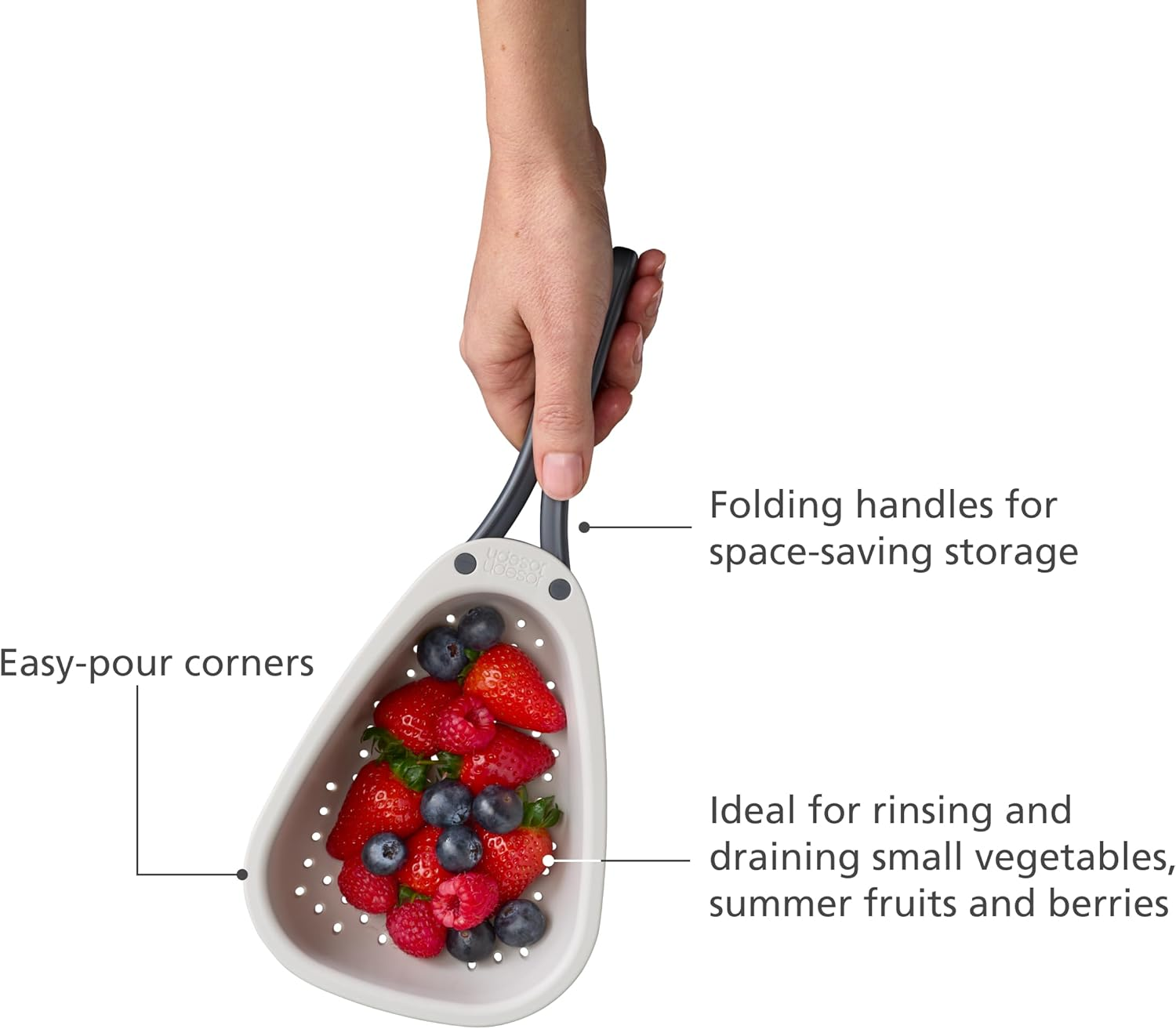 Joseph Joseph Droplet Mini Colander with Folding Handles, Kitchen Strainer for Small Vegetable, Fruits & Berries, Space-Saving image number 4