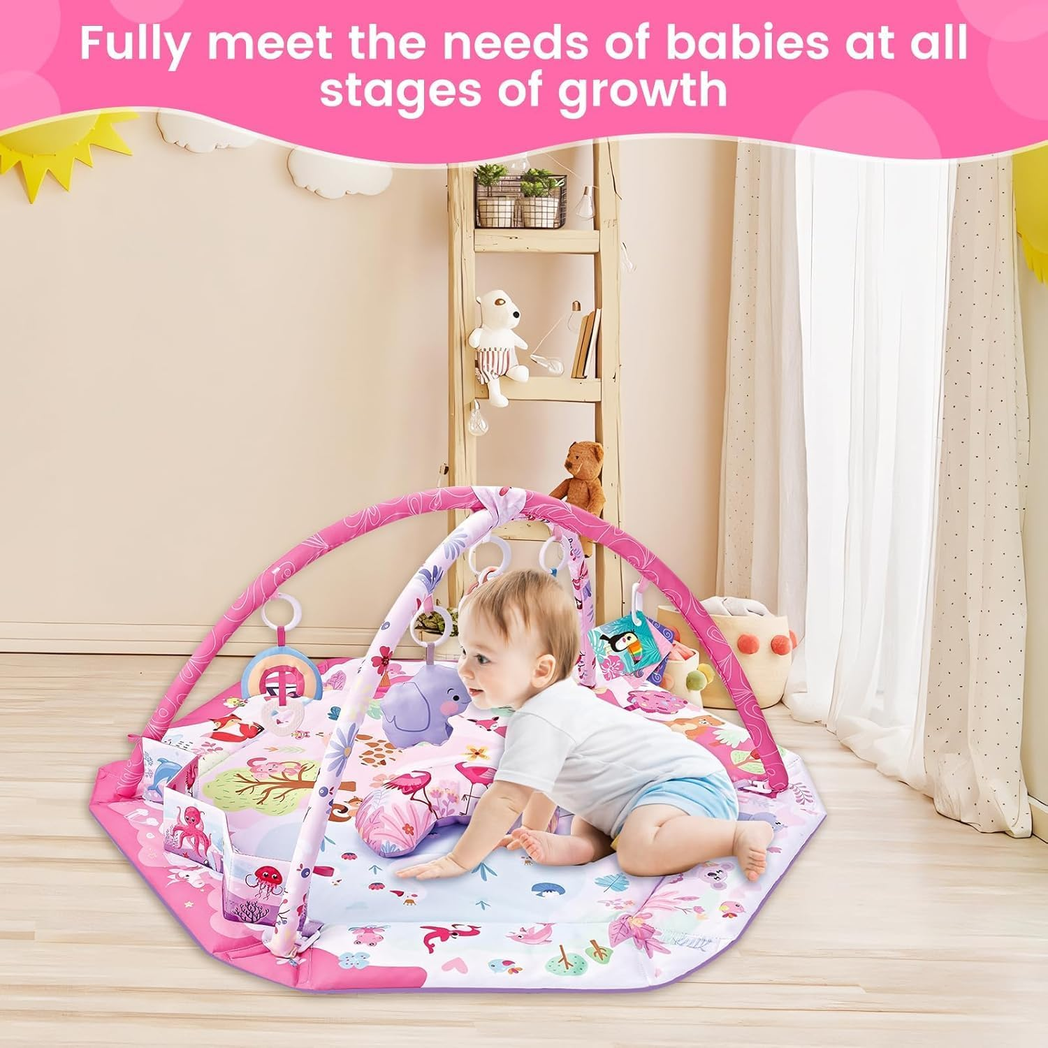 Baby Gym Play Mat, 8-In-1 Tummy Time Mat with Ball Pit & Detachable Toys for Newborns Infant 0-3-6-9-12 Months, Washable Play Activity Mat for Visual, Hearing, Sensory, Motor Development