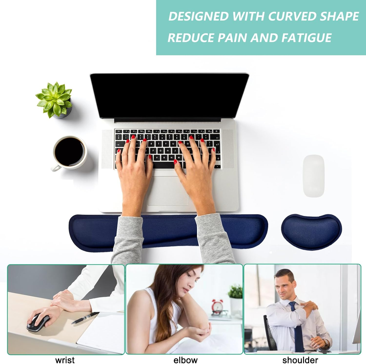 Keyboard Wrist Rest Mouse Wrist Support Set, Memory Foam Wrist Rest Pad for Computer Laptop Keyboard Mouse, Ergonomic Wrist Cushion Support for Typing Pain Relief, Gaming Home Office, Navy Blue - Black image number 4