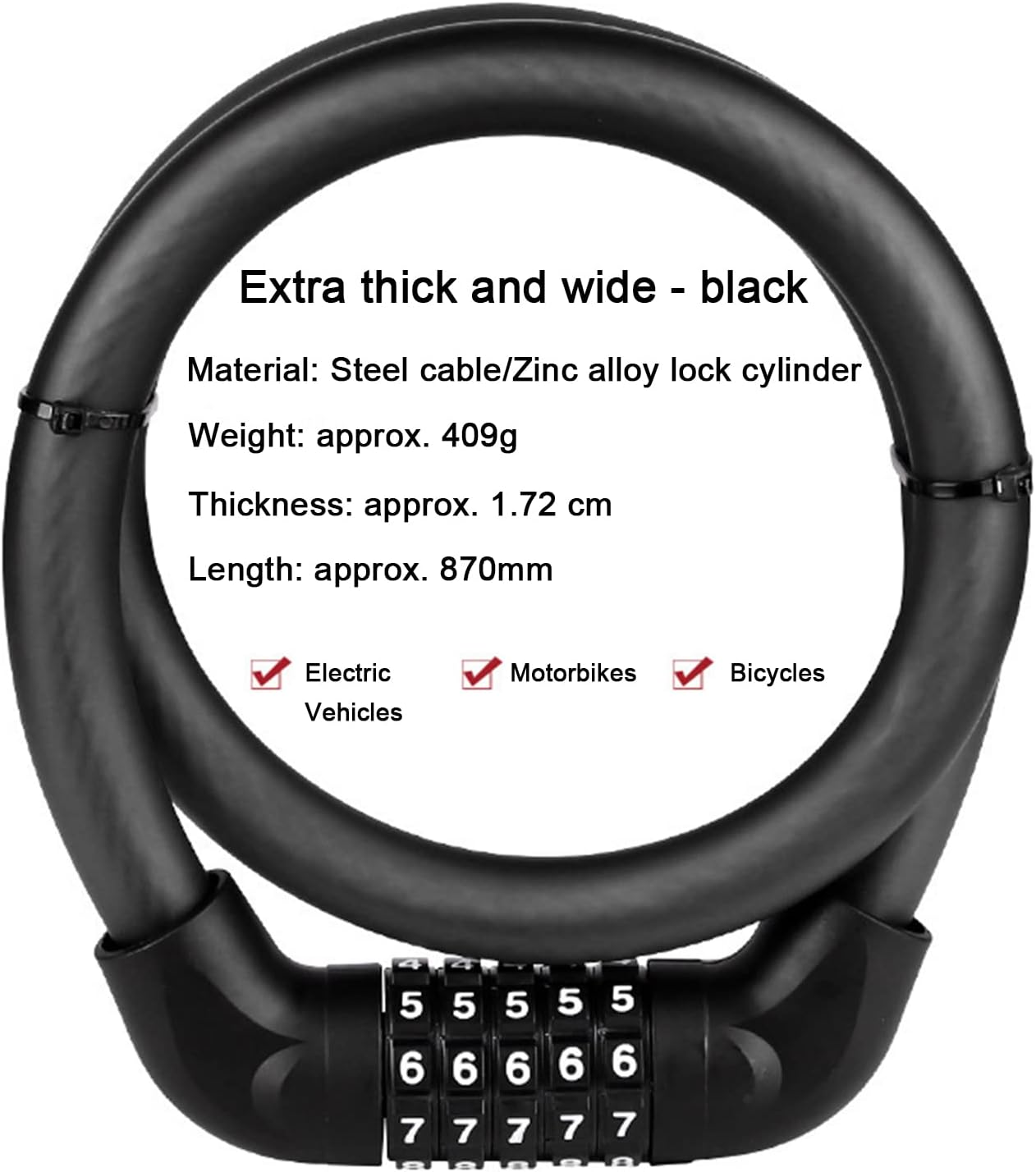MINGKAI Bicycle Cable Lock, 87CM Alloy Combination Lock, 5-Digit Resetable, Black image number 1
