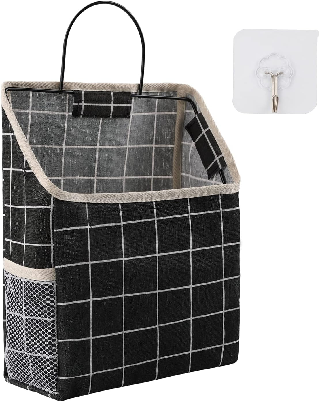 Surblue Wall Hanging Storage Bag with Sticky Hook, Closet Hanging Storage for Pocket, Bathroom Dormitory Organizer Bag, Linen Cotton Organizer Box Containers for Bedroom(Black) image number 5