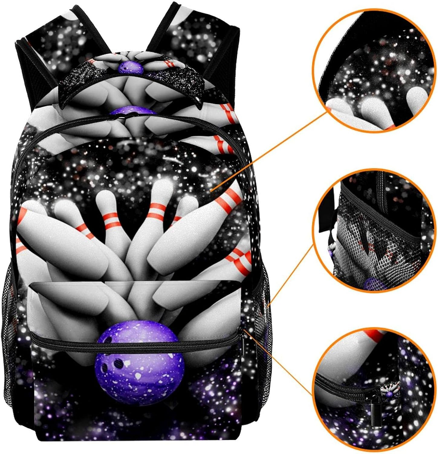 3D Bowling Skittles with Sparkle Effect Backpack Students Shoulder Bags Travel Bag College School Tote Backpacks