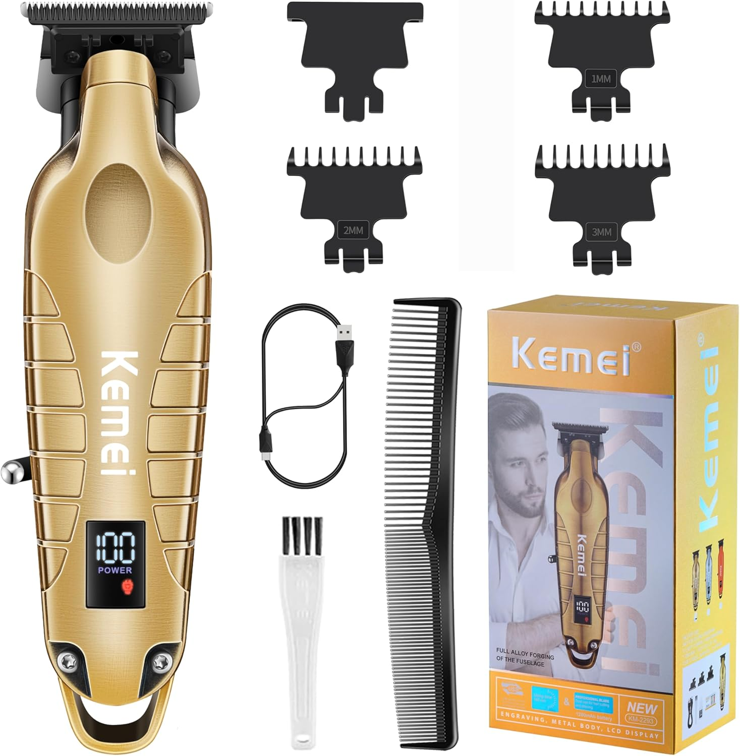 KEMEI 2293 Professional Hair/Beard Trimmer for Men Zero Gapped Hair Clippers for Barber with T Blade, Cordless Rechargeable, Silvery