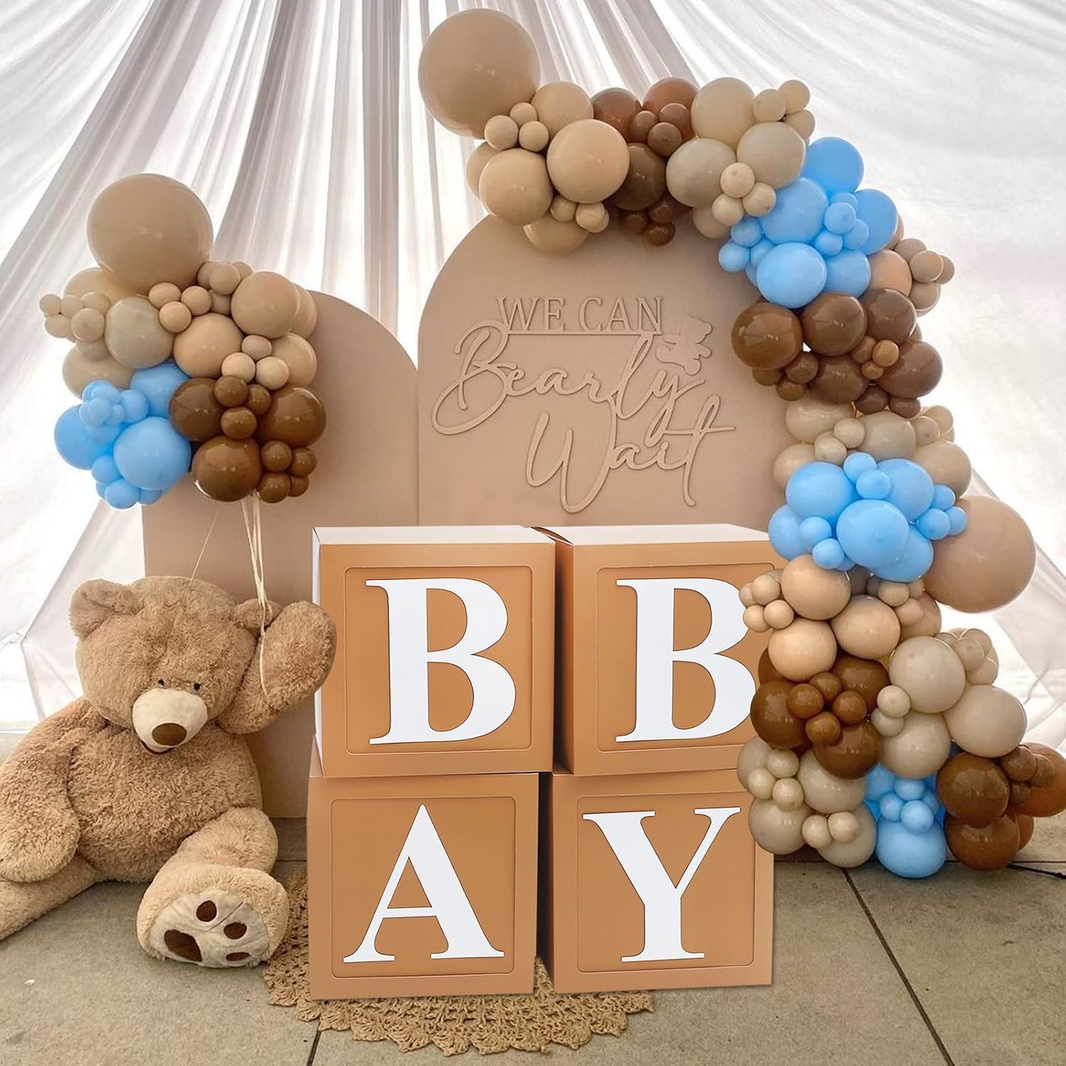 Teddy Bear Baby Shower Boxes Decorations, 4Pcs Brown Baby Shower Blocks with Letters, Stereoscopic Babyshower Balloon Boxes for Woodland Baby Shower Decor Boys Girls Gender Reveal Backdrop image number 6