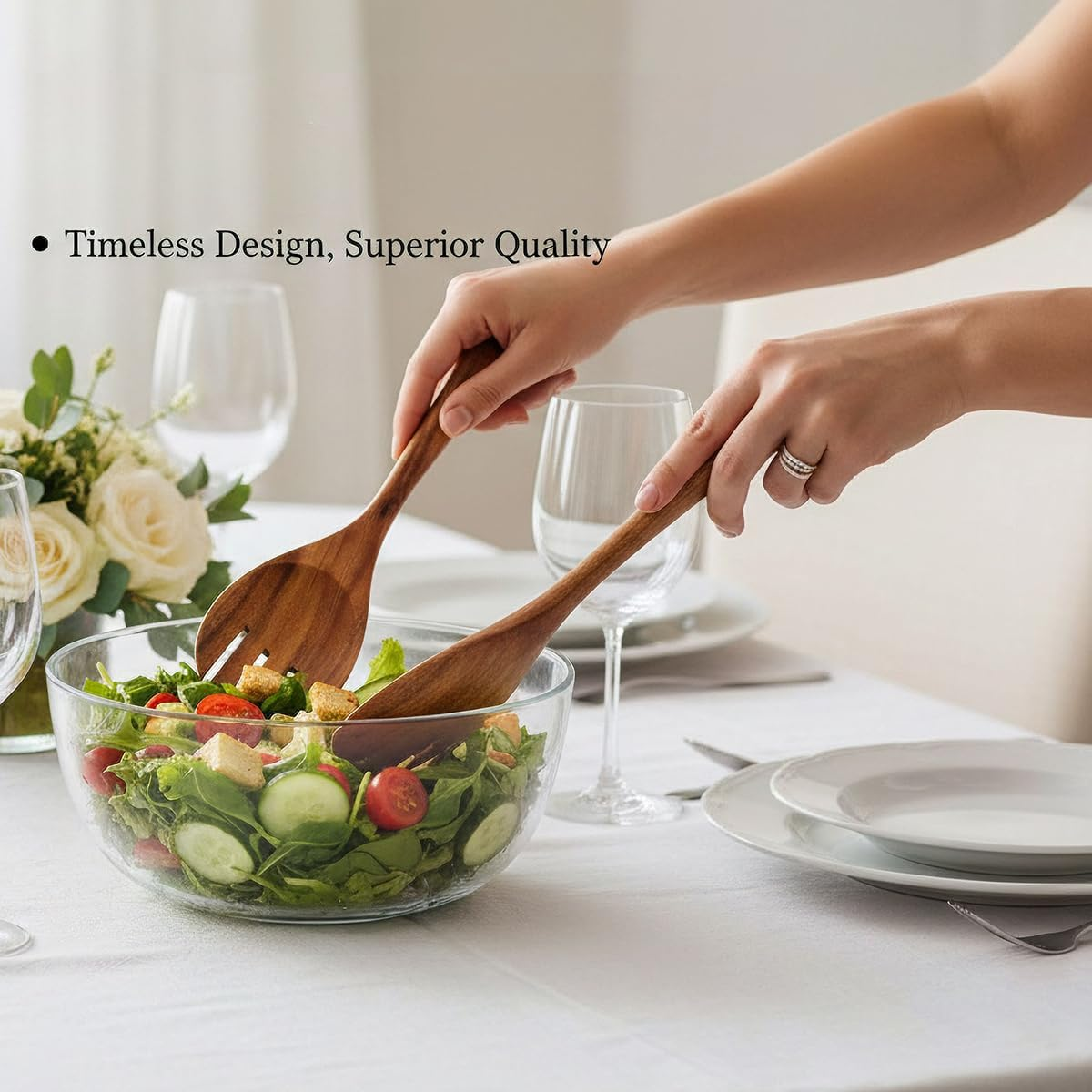 Set of 2 Large Salad Spoons, Wooden Spoons, 33 Cm / 13 Inch Salad Servers, Teak Wood Spoons, Serving Spoons, Salad Wooden Cutlery Long Handle image number 4