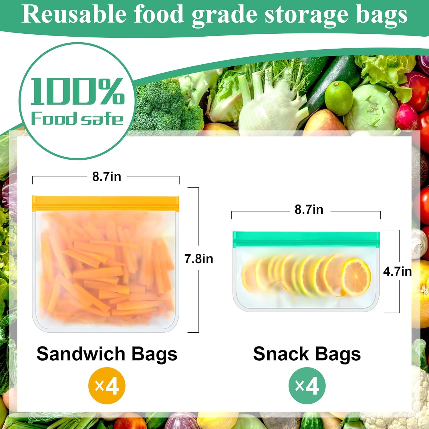 TROUSKAIG Silicone Storage Freezer Bags, 4 Reusable Sandwich Bags + 4 Reusable Snack Bags, Leakproof Food Storage Containers for Picnic, Work, Home Use image number 2