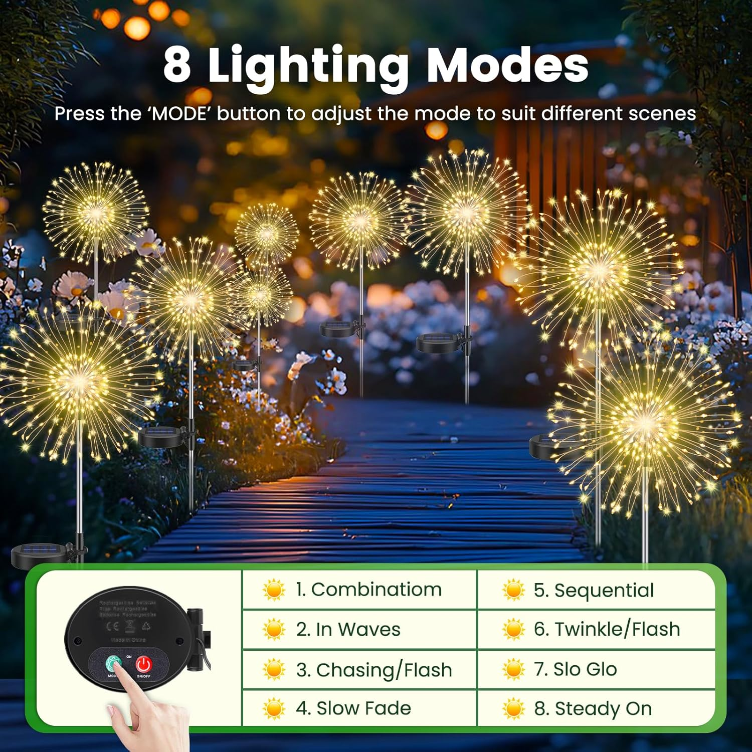 Pack of 4 Solar Lights Outdoor Garden, Dandelion Solar Firework Lights 120 Leds, 8 Modes Starburst Light, Garden Lamp Waterproof for Lawn Pathway Patio Yard Party Backyard Decoration/Warm White image number 5