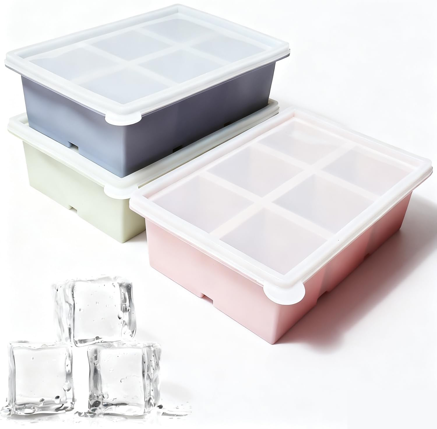 Ice Cube Tray, 3 Pack Reusable Silicone Large Square Ice Cube Moulds, Large Ice Cubes Mould with Removable Lid for Whiskey, Cocktail, Drinks, Coffee, Fruit, Juice and Ice Cream (Blue Pink Green) image number 3