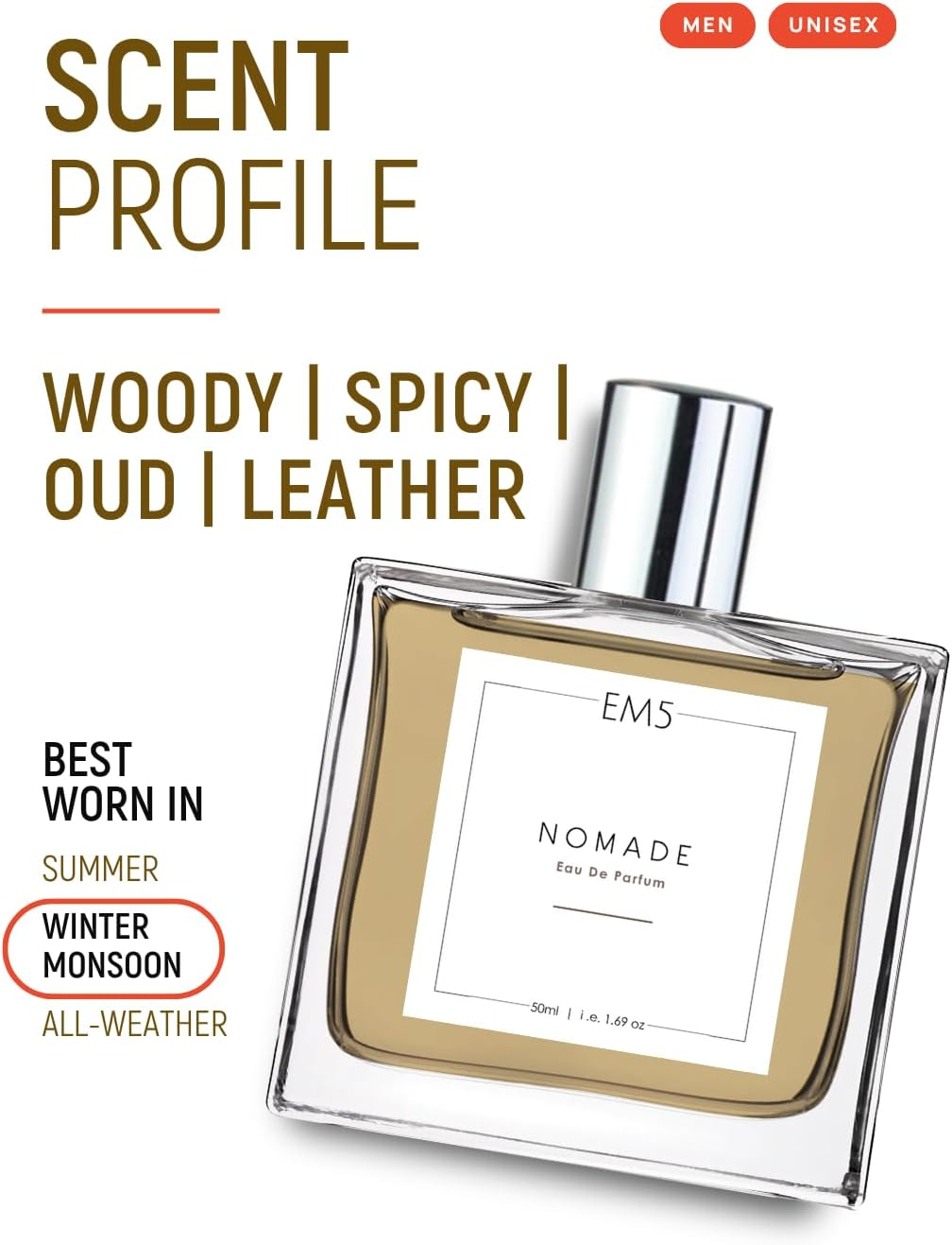 Em5 Nomade Unisex Perfume for Him/Her | Amber Oud Smoky Leather | Perfume Spray for Men & Women | Strong & Long Lasting Fragrance | Him & Her image number 3